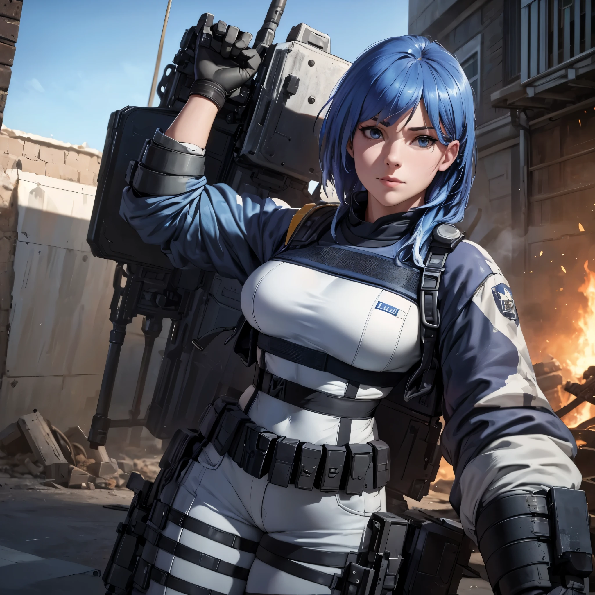 (best quality,4k,8k,highres,masterpiece:1.2),ultra-detailed,(realistic,photorealistic,photo-realistic:1.37),S.W.A.T uniform,black,military helmet,blue hair,big breasts,metal police shield,ruined street,blue eyes,Female representation,street background,mysterious atmosphere,confident expression,strong body language,dangerous situation,post-apocalyptic setting,detail-focused composition,wide angle shot,vibrant colors,high contrast lighting