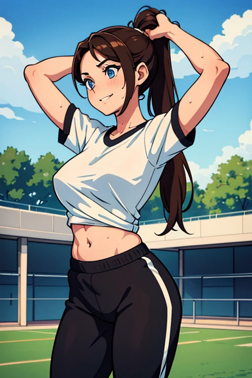 [((masterpiece)), ((HD)), ((high res)), ((solo portrait)), ((waist-up)), ((front view)), ((detailed shading)), ((soft textures)), ((intricate details)), ((anime girl)), ((cinematic)), {attractive; ((athletic 36 year old woman)), (brown hair), (long ponytail), (cute blue eyes), ((athletic body)), (curvy hips), (beautiful legs), (cute grin)}, {(white gym T-shirt), (Black gym sweat pants)}, {(standing), (hand on head), (looking ahead), (looking away)}, [background; (grass plains), (school soccer field), (blue sky), (clouds in sky), (ambient lighting)]
