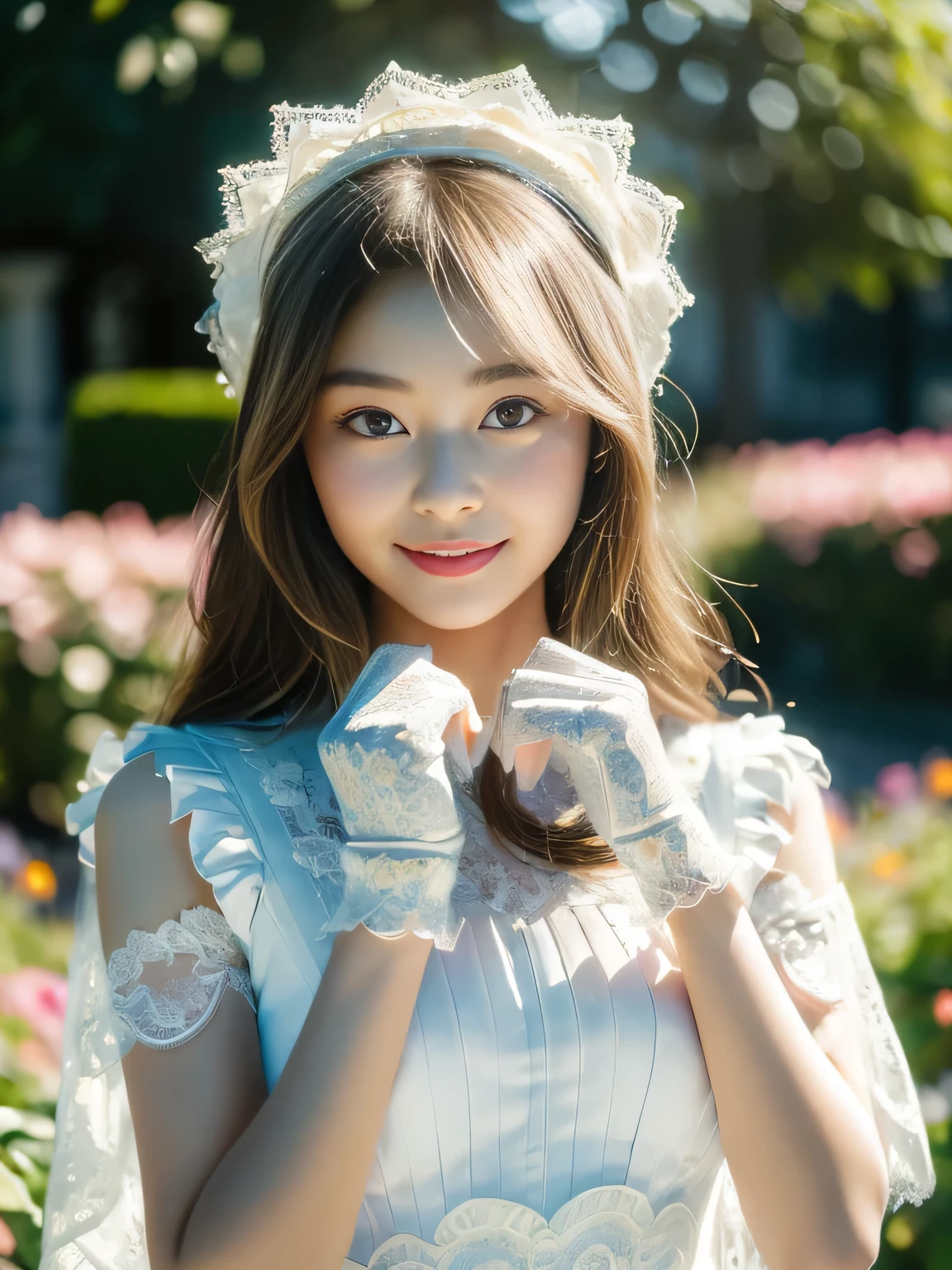 (realistic:2),(masterpiece:2), (highest quality:2),(High-definition face drawing:1.4),(RAW photo:1.3),,(cinematic natural light effects:1.3)(everything is beautiful and perfectly balanced), (Smile of a very happy age girl:1.2),(Japanese: 1.2),(small face:1.2), (dynamic pose:1.5), (Large eyes with good balance between both eyes:1.5), (Headdress made of delicate lace),(A large hat made of delicate lace),(A cloak made of delicate lace),(Long gloves made of delicate lace),(Mini dress made of delicate lace),(One-piece underwear made of delicate lace), (A garden with multiple flowers blooming, a secret garden:1.2), extreme light effects, blonde hair