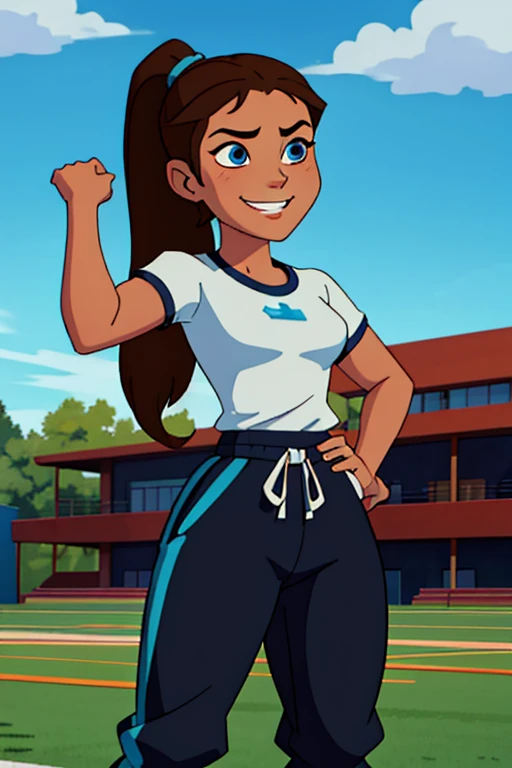 [((masterpiece)), ((HD)), ((high res)), ((solo portrait)), ((waist-up)), ((front view)), ((detailed shading)), ((soft textures)), ((intricate details)), ((anime girl)), ((cinematic)), {attractive; ((athletic 36 year old woman)), (brown hair), (long ponytail), (cute blue eyes), ((athletic body)), (curvy hips), (beautiful legs), (cute grin)}, {(white gym T-shirt), (Black gym sweat pants)}, {(standing), (hand on head), (looking ahead), (looking away)}, [background; (grass plains), (school soccer field), (blue sky), (clouds in sky), (ambient lighting)]
