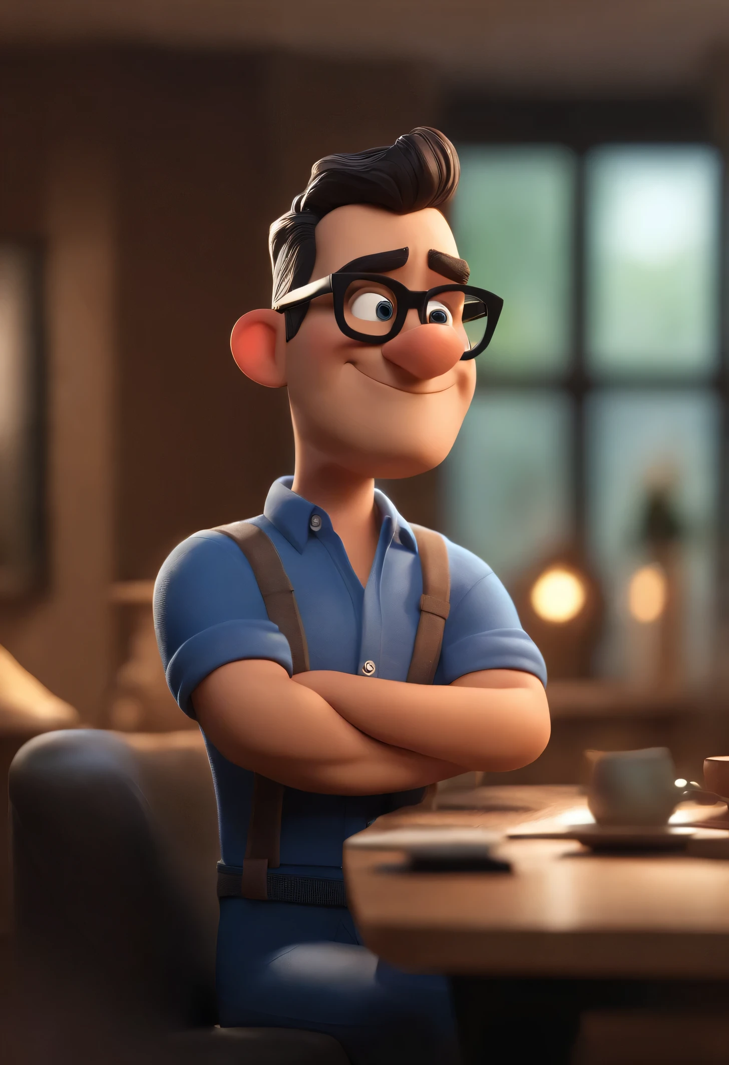 Cartoon character of a man wearing black glasses and a blue shirt, um personagem animado, Caractere estilizado, animation style rendering, 3D estilizado, Arnold Maya render, 3 d render stylized, toon render keyshot, Personagem 3D, Personagem 3D, 3d rendering stylized, 3 d character render, personagem de desenho animado, Personagem de close up, Pose de personagem, (Estilo Pixar) (master part:1.2) (Bokeh) (best quality) (pele detalhada) (textura detalhada) (8k) (argila) (Cinematic lighting) (sharp focus，Senta e vaza a parte superior do corpo
