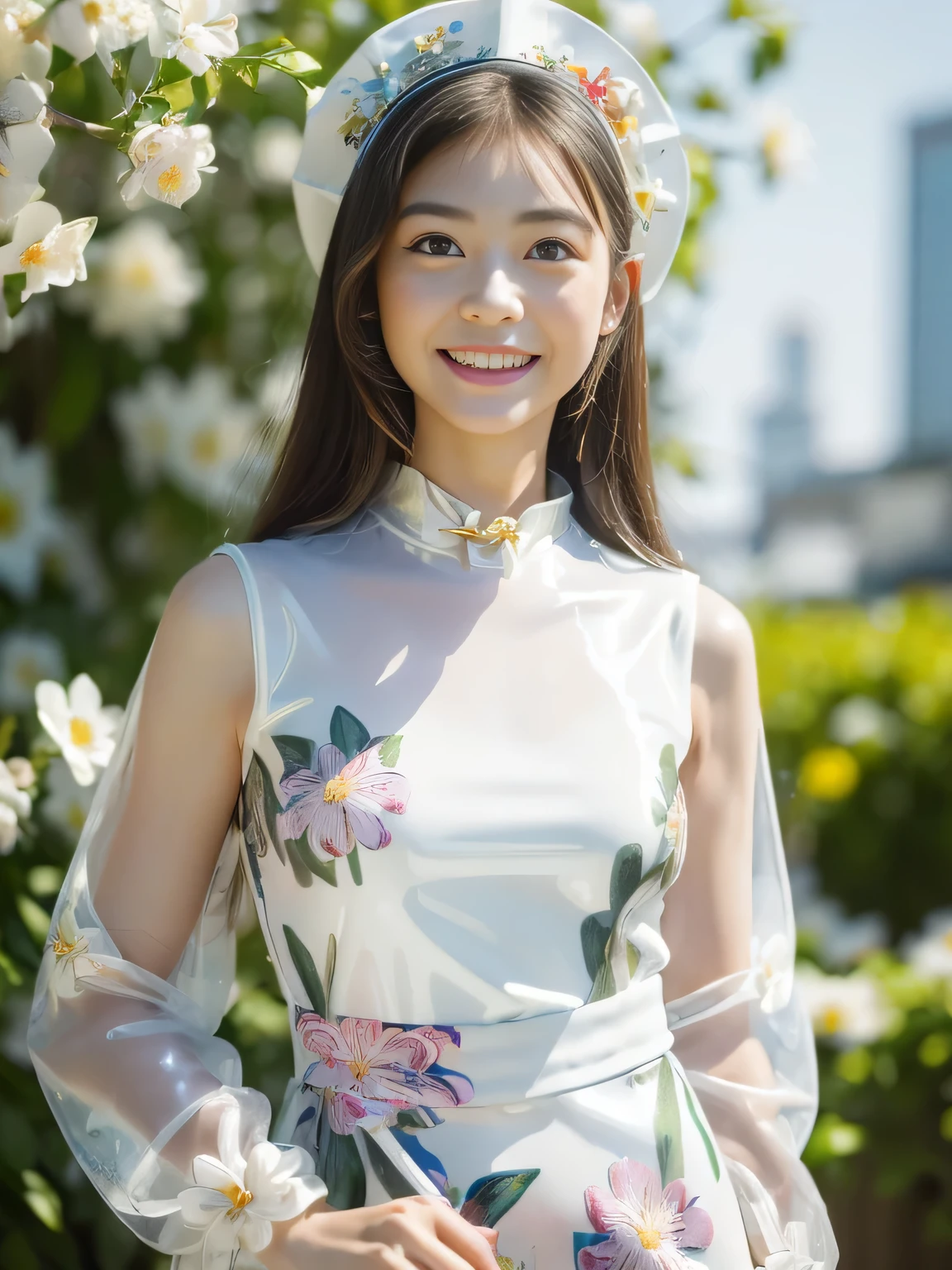 (realistic:2),(masterpiece:2), (highest quality:2),(High-definition face drawing:1.4),(RAW photo:1.3),,(cinematic natural light effects:1.3)(everything is beautiful and perfectly balanced), (Smile of a very happy teenage girl:1.2),(Japanese: 1.2),(small face:1.2), (dynamic pose:1.5), (Large eyes with good balance between both eyes:1.5), (Latex headdress with floral print, white), (Latex hat with floral print, white), (Long latex gloves with floral print, white), (Clear latex dress with floral print all over: 1.3, white), (Overall Latex swimsuit with floral print, white), (Latex suit with all-over floral print, partially transparent: 1.2, white), (Latex cloak with all-over floral print, transparent), (A garden with multiple flowers blooming, a secret garden:1.2), extreme light effects, blonde hair