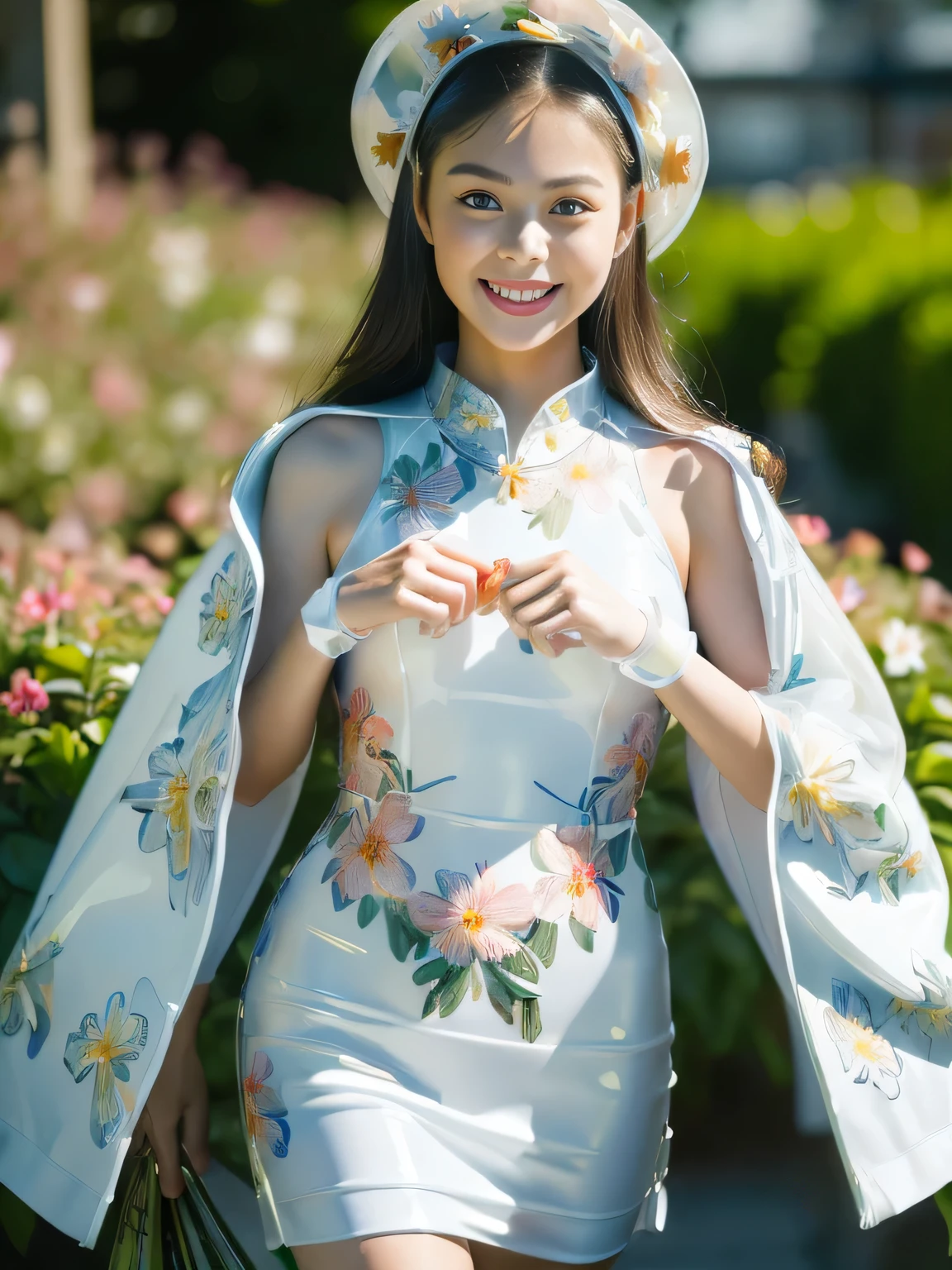 (realistic:2),(masterpiece:2), (highest quality:2),(High-definition face drawing:1.4),(RAW photo:1.3),,(cinematic natural light effects:1.3)(everything is beautiful and perfectly balanced), (Smile of a very happy teenage girl:1.2),(Japanese: 1.2),(small face:1.2), (dynamic pose:1.5), (Large eyes with good balance between both eyes:1.5), (Latex headdress with floral print, white), (Latex hat with floral print, white), (Long latex gloves with floral print, white), (Clear latex dress with floral print all over: 1.3, white), (Overall Latex swimsuit with floral print, white), (Latex suit with all-over floral print, partially transparent: 1.2, white), (Latex cloak with all-over floral print, transparent), (A garden with multiple flowers blooming, a secret garden:1.2), extreme light effects, blonde hair