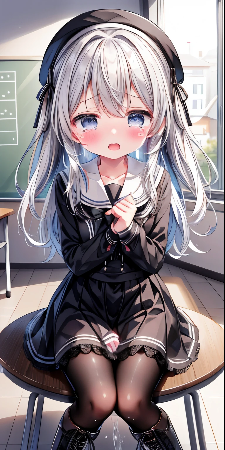 Black lace-up boots，white pantyhose，blush害羞，classroom scene，girl，，((absurd)), ((on the table)), (best quality), (lens flare), (Super detailed), (fair), ((cute girl)), alone, fair face, White skin, on the table, (10 years old: 1.3), , 、A girl goes to the toilet、 Everlasting, is crying, Close her eyes, tears flow from eyes, The embarrassment comes from, blush), (girl is peeing: 1.2),, look away, Sitting, Awkward, blush, Mouth slightly open, classroom (girl leaking urine): 1.5)
