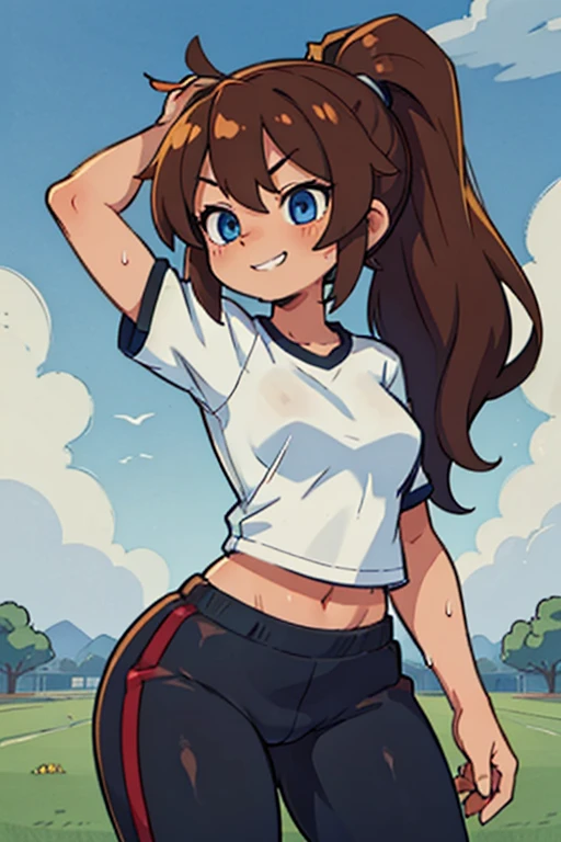 [((masterpiece)), ((HD)), ((high res)), ((solo portrait)), ((waist-up)), ((front view)), ((detailed shading)), ((soft textures)), ((intricate details)), ((anime girl)), ((cinematic)), {attractive; ((athletic 36 year old woman)), (brown hair), (long ponytail), (cute blue eyes), ((athletic body)), (curvy hips), (beautiful legs), (cute grin)}, {(white gym T-shirt), (Black gym sweat pants)}, {(standing), (hand on head), (looking ahead), (looking away)}, [background; (grass plains), (school soccer field), (blue sky), (clouds in sky), (ambient lighting)]
