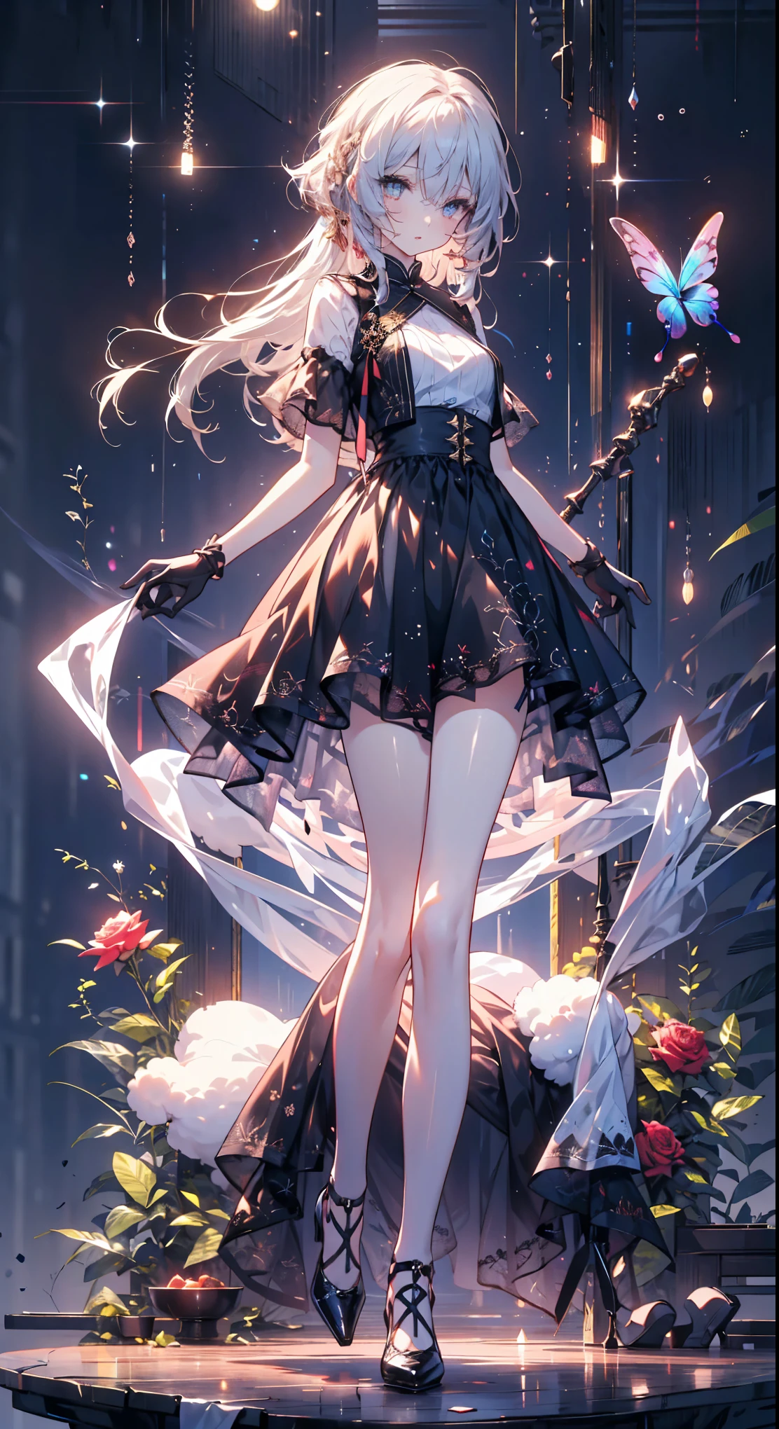 A girl，sheep&#39;horn, Rich colors, long white hair, Red眼睛 ，Eyeliner, black transparent clothes, Red, open air, Rose, night, ruins, Butterfly，mine same as the original, mine, , (:1.2) rest, (Black long skirt), (view from below), (Put your arms behind your back), (wild lift), thin dress,, 最good quality, High resolution, unified 8k wallpaper, (illustration:0.8), (Beautiful and delicate eyes:1.6), extremely detailed face, perfect lighting, Very detailed CG, (Perfect hands, perfect anatomy),，blond，red lips，Acting cute，long hair，High heel，good quality, absurd, Super detailed, holographic,, dynamic poses, Golden Ratio, 超级Lovely女孩, Mature girl, extremely beautiful,，With super beautiful purple eyes, Super beautiful white hair, shiny skin,, Good and harmonious , Slender and delicate figure, Perfect body, (Wearing a short white top,) Lovely，Full body shot，long hair，shoes，black skirt, Short sleeve，neat hair, black gloves,,Fade the background,Full body photo of the individual,cartoon，t-shirt，Eyes with highlights，Leg ring，long hair到腰的位置