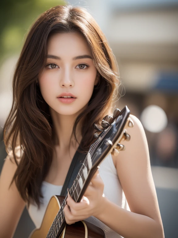((best quality, 8K, masterpiece :1.3)), Sharp focus :1.2, perfect body beautiful: 1.4, Slim abdominal muscles: 1.2, Dark brown hair,  (Natural light, city street: 1.1 ), Highly detailed face and skin texture, narrow eyes, double eyelids, (((Dynamic angle)))、Play the guitar