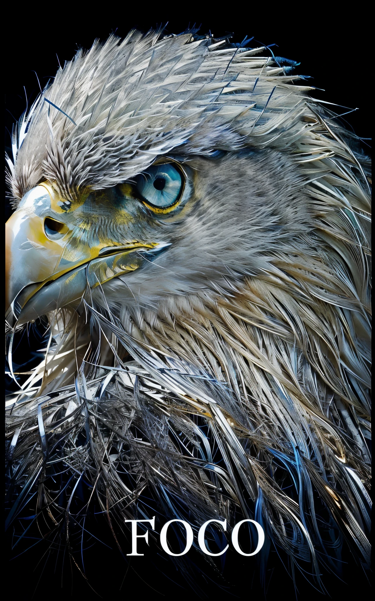 Reinterpretation of the art in 8k ultra HD EAGLE BLACK AND WHITE VERSION BLUE EYES WRITING FOCUS IN ITALICS.