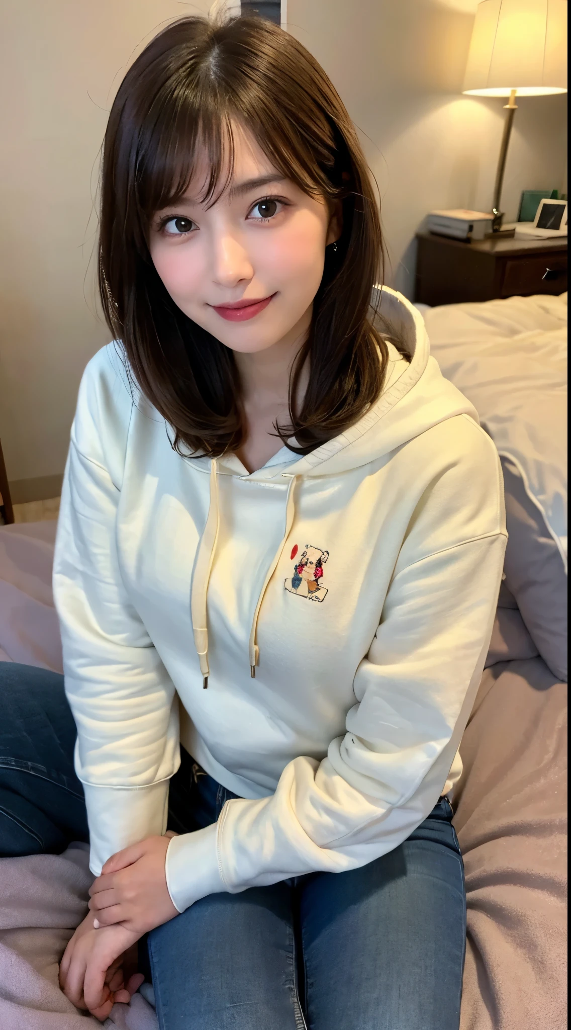 Seed 4127110832,((****ung and beautiful girl: 1.4)),(8k, Raw photo, highest quality, Tabletop: 1.2),Cinematic Light,brown hair,Fine and beautiful eyes,huge breasts, light makeup,(surface details:1.3),(gentle smile),(Casual hoodie and jeans:1.3),(Lovely decorated home atmosphere:1.3),(Sitting cross-legged on the bed:1.3),(From above)