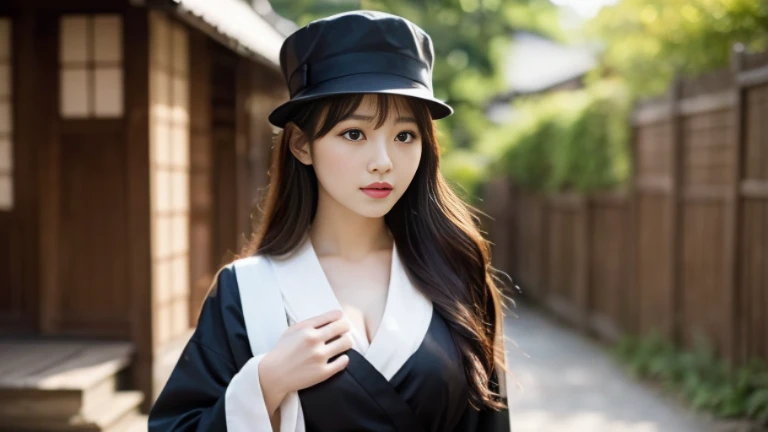 Background of the Edo period。。Cute and big breasted、The hat is brown。Dressed in a robes。The chest is open and large。Long-haired black hair。