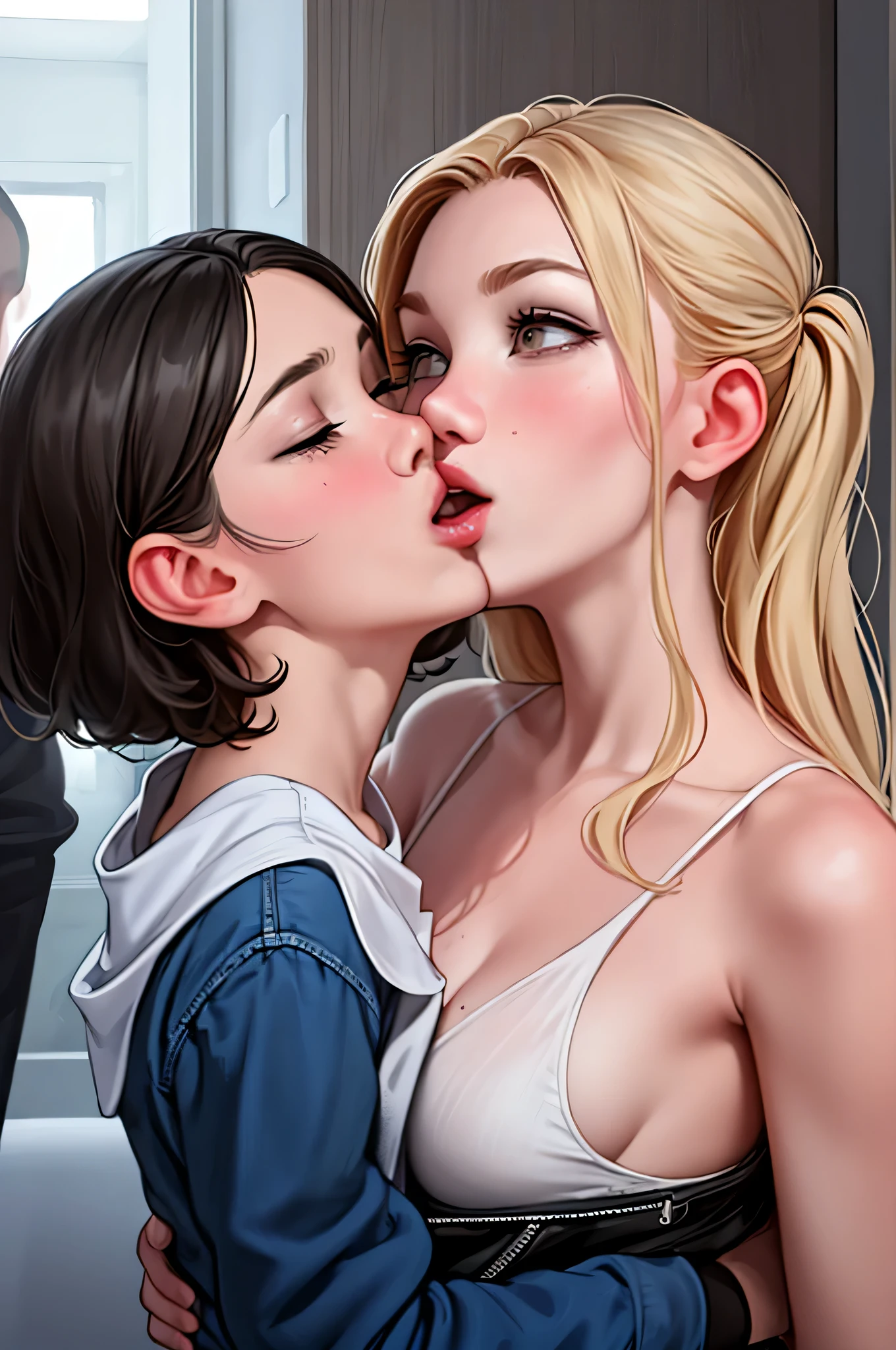 Sexy woman being kissed on the neck by a young boy