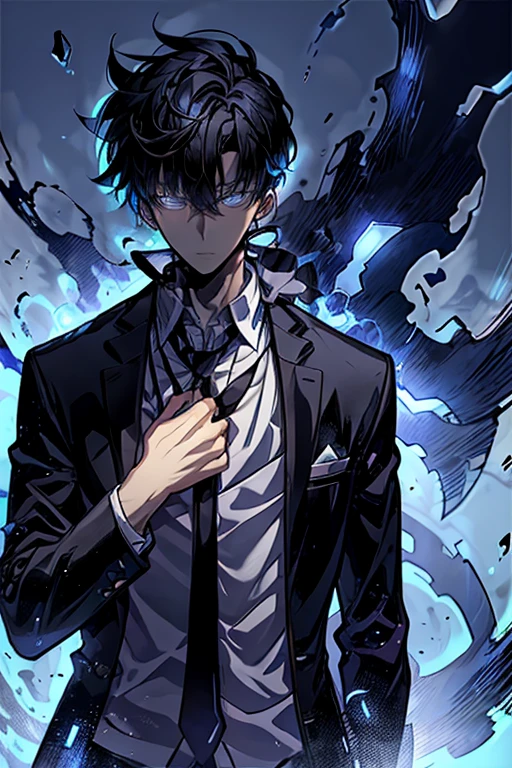 anime character with a suit and tie standing in front of a blue background, inspired by Shinji Aramaki, inspired by Shingei, inspired by Okumura Masanobu, shinji, mob psycho 100, anime wallaper, tall anime guy with blue eyes, epic anime style, shinji ikari, inspired by Okumura Togyu