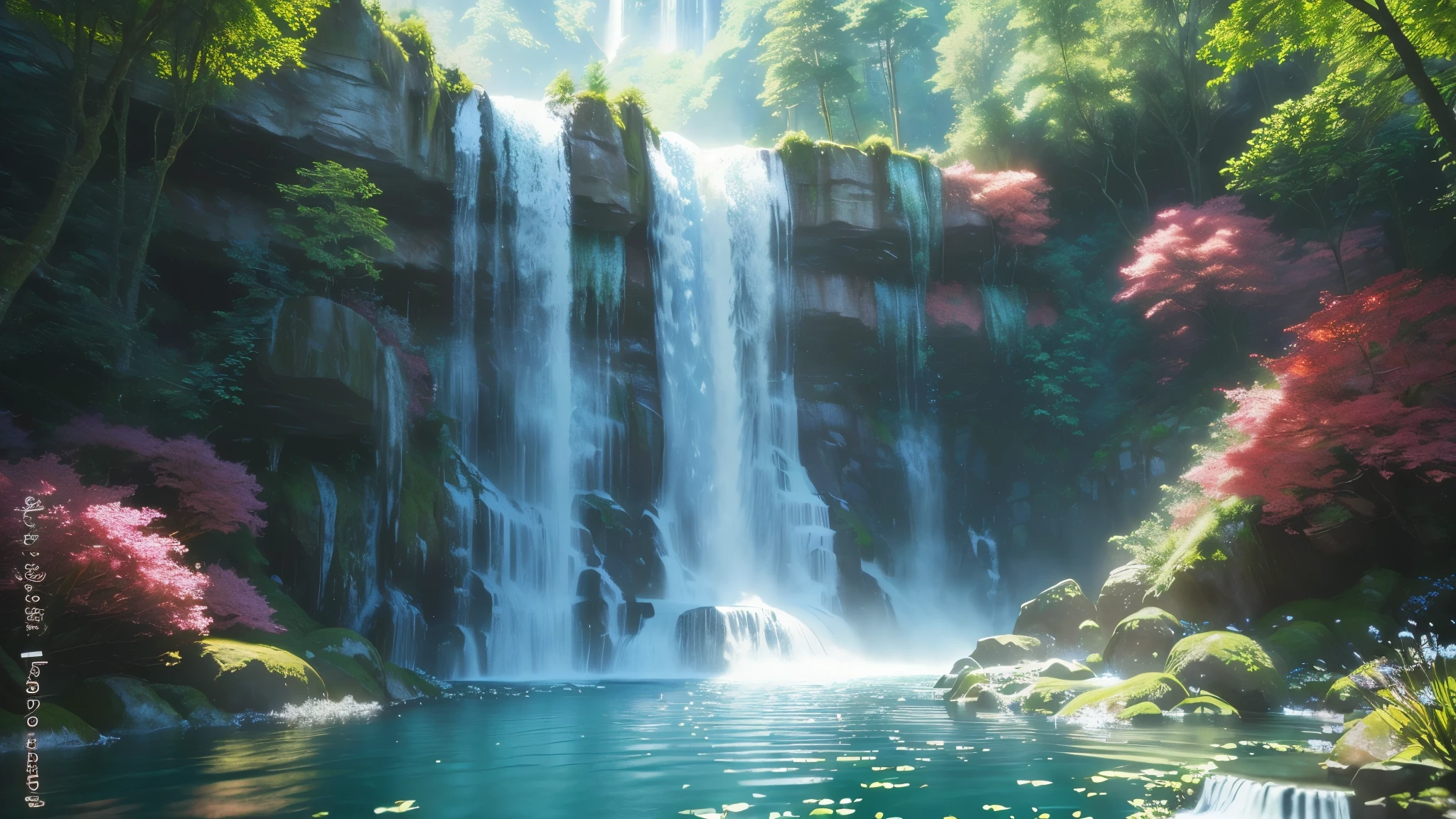 there is a waterfall in the middle of a forest with flowers, peaceful beautiful waterfall, waterfall background, beautiful waterfall, stunning waterfall, beautiful stunning waterfall, beautiful render of a landscape, waterfall(beautiful, floating waterfalls, waterfall, flowers and waterfalls, beautiful render of a fairytale, beautiful natural background, forest and waterfall, realistic fantasy render, beautiful composition 3 - d 4 k