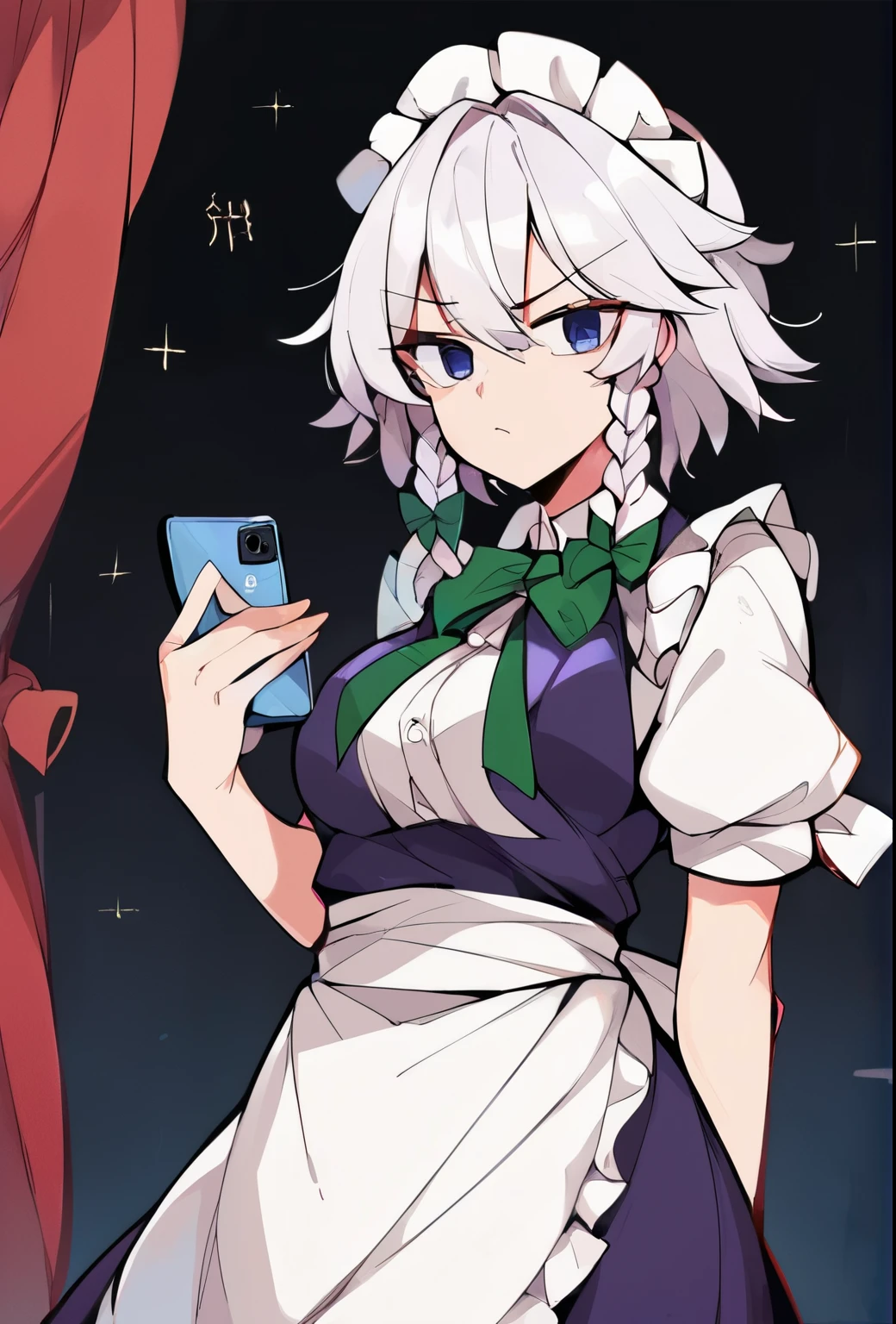 source_anime, (2d), score_9, score_8_up, score_7_up, score_6_up, score_5_up, score_4_up, solo, 1girl, standing, holding phone, looking at phone, :o, izayoi_sakuya_touhou, braid, twin_braids, maid_headdress, short_hair, maid, bow, grey_hair, hair_bow, bangs, blue_eyes, ribbon, hair_between_eyes, breasts, apron, green_bow, white_hair, confused, raised eyebrow, cowboy shot