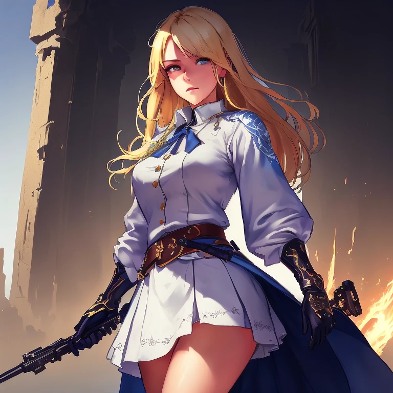 masterpiece, best quality, (extremely detailed CG unity 8k wallpaper), (best quality), (best illustration), (best shadow), absurdres, realistic lighting, (Abyss), beautiful detailed glow, art by PeterMohrBacher, medium blonde hair, blue eyes, white shirt, white skirt, serious look, cowboy shot, looking at viewer, sky-blue cloack,
