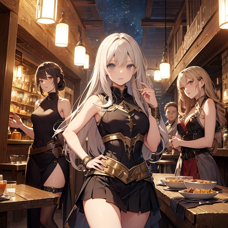A group of female medieval fantasy adventurers, (in tavern), various hair styles, harem, night, details face, short skirt, seducing, sleeveless, armor