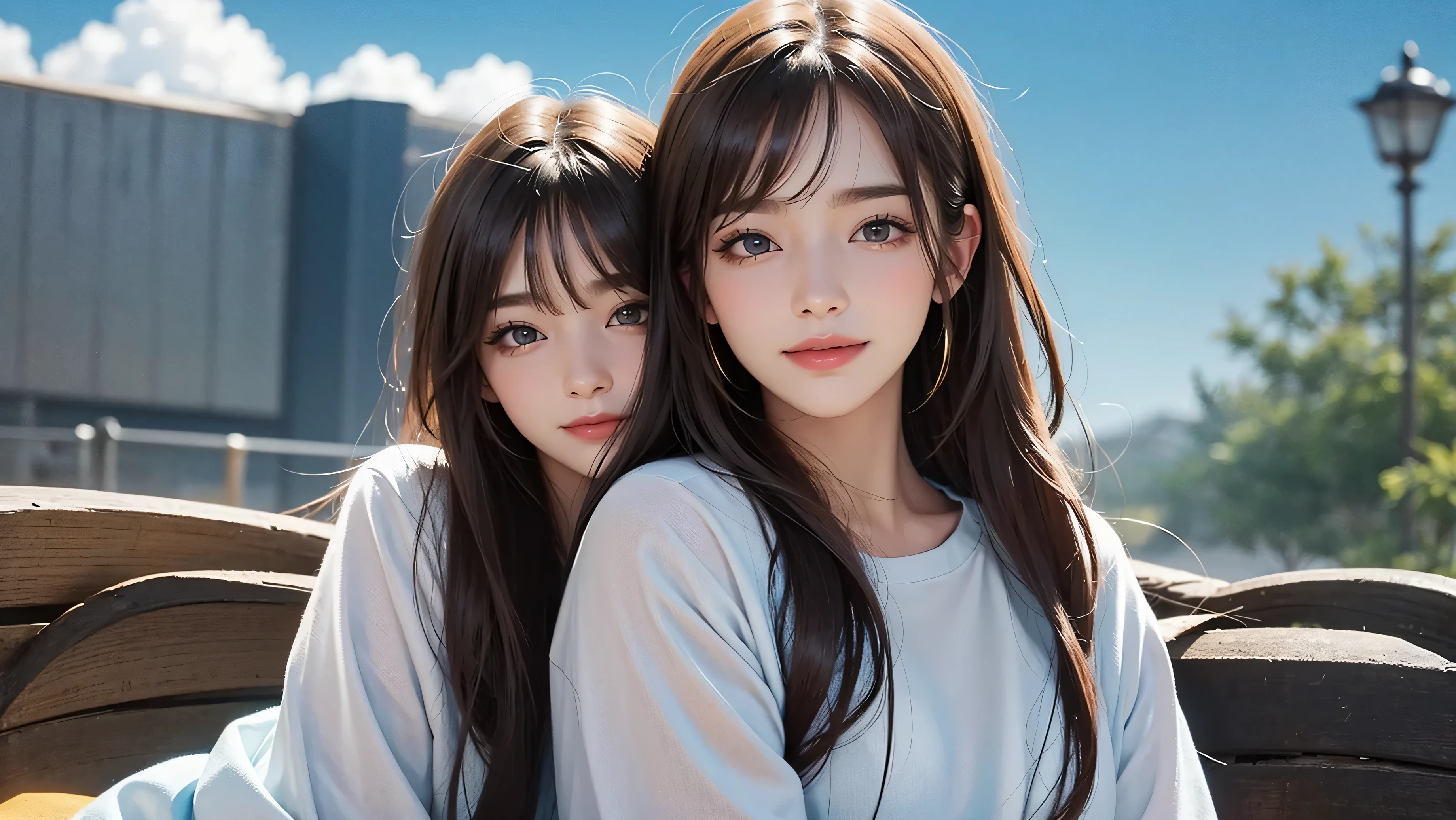 Please keep looking at me、Bright screen、light brown medium bob hair、8K、outdoor、blue sky、Upper body、Photographed alone、40 years old、smile、
