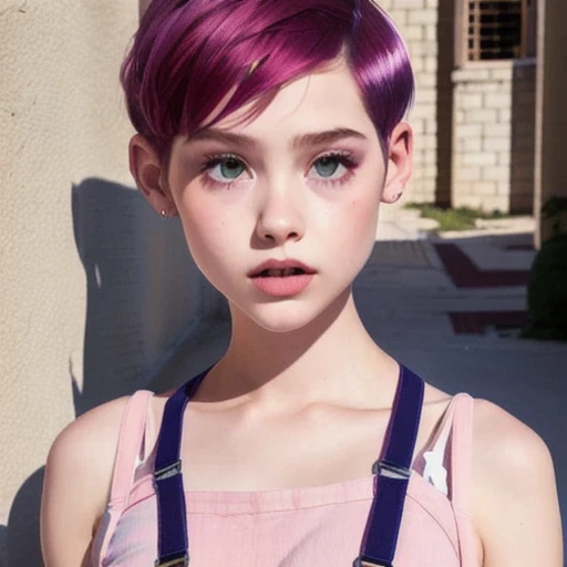 Suspender jeans(masterpiece, best quality:1.2), Very short hair, alone,Pale pink,Light rouge makeup(((Short hair)))(minor)masterpiece, Outdoor backstreets,Lunar soil,best quality, movie lighting, soft light ,Realistic,facial close-up,Landscape avatar,666, ((1 girl))