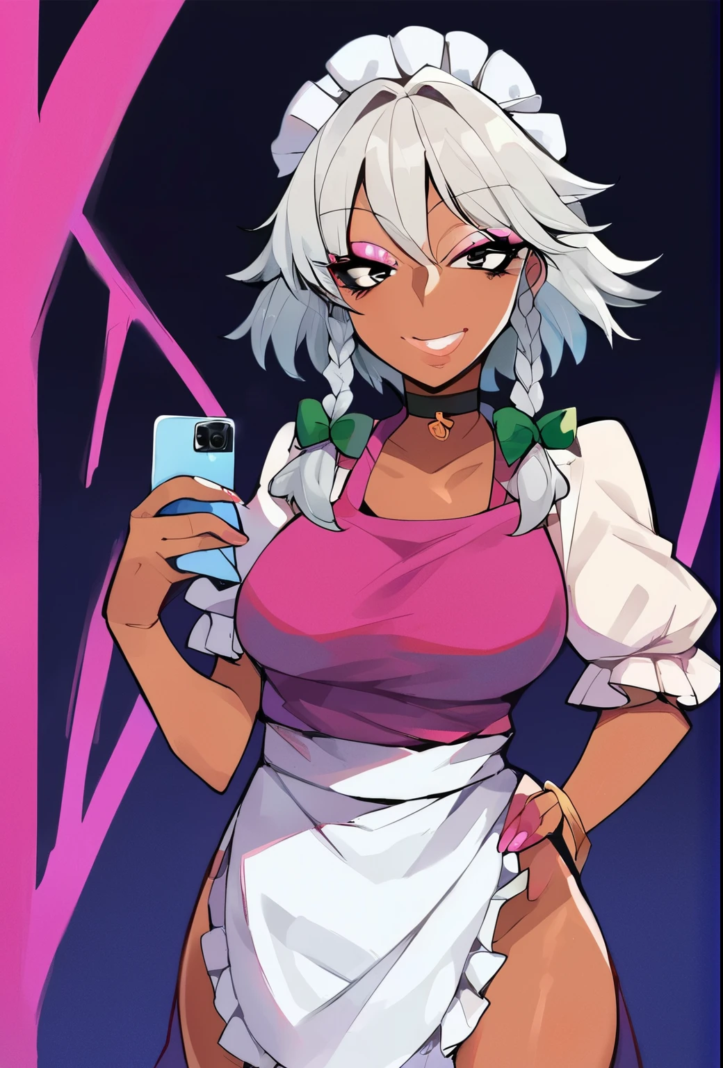 source_anime, (2d), score_9, score_8_up, score_7_up, score_6_up, score_5_up, score_4_up, solo, 1girl, standing, holding phone, looking at phone, hand on hip, gyaru, tanned skin, pink thin lips, choker, makeup, pink eyeshadow, jewelry, smile, izayoi_sakuya_touhou, braid, twin_braids, maid_headdress, short_hair, maid, bow, grey_hair, hair_bow, bangs, blue_eyes, ribbon, hair_between_eyes, , apron, green_bow, white_hair, cowboy shot