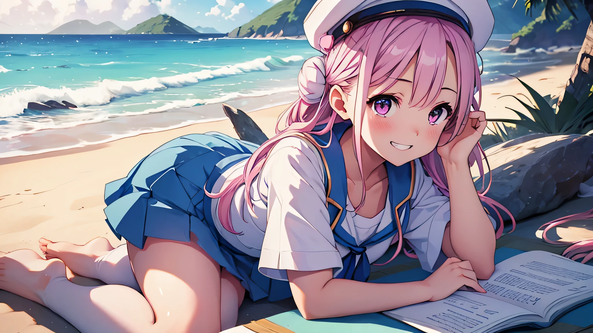 cg, unity, 8k, wallpaper, highest quality, masterpiece, 1 girl, Cheerful girl, , Kunimi Tama,Idol Pose, (bright smile: 1.2), white sailor suit, (Blue Collar, blue skirt: 1.3), Short sleeve, barefoot, best writing, Complex pupil, Complex weaving, Detailed Background, on the beach, Low - Angle,masterpiece, highest quality, High resolution, {detailed and beautiful eyes}, finely, detailed and beautiful eyes,1 girl, (alone:1.5), (hair ribbon:0.4), pink eyes,Cinematic Angles,perspective,White bun hair,