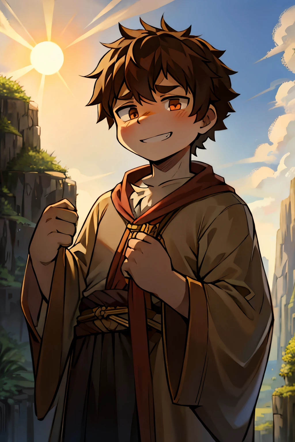 The shepherd boy, with a mischievous grin spread across his youthful face, concealed himself behind a large, weathered rock. His sun-kissed skin glowed against the backdrop of the rustic landscape. The boy's shaggy, unkempt brown hair framed his rosy cheeks and lined his forehead. His clothing, simple and worn from hours spent tending to his flock, was a testament to his humble existence. The scene was a masterpiece, with every detail meticulously crafted, from the wrinkles on his grin to the individual fibers of his worn-out tunic. The sun's rays illuminated the scene, casting