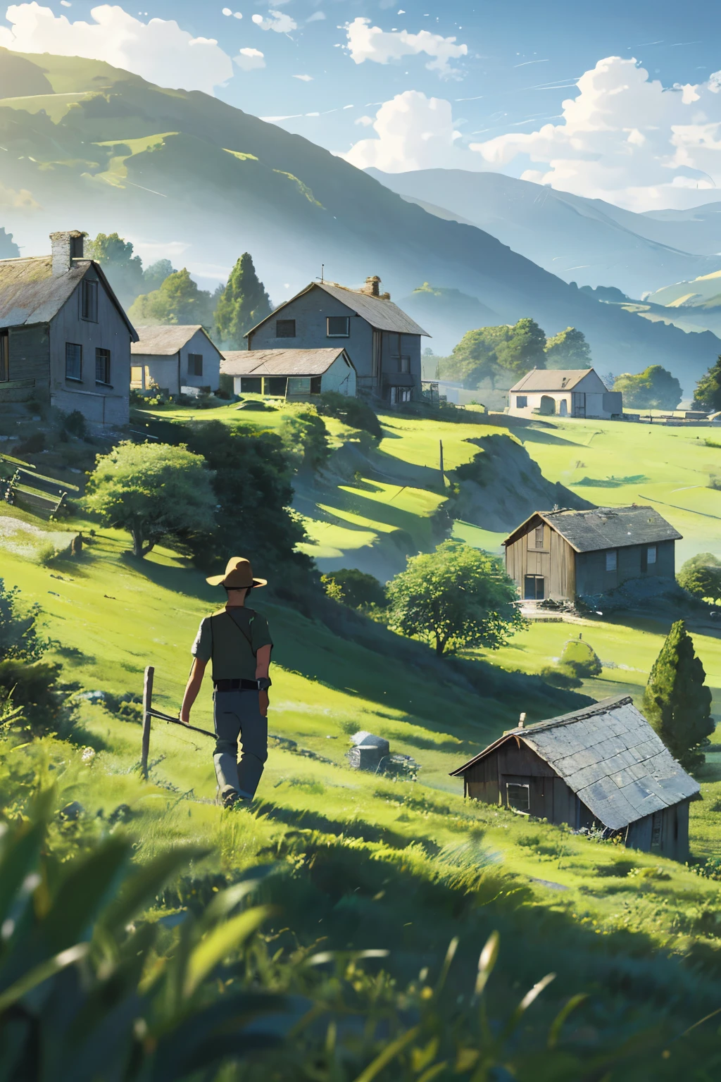 A serene countryside scene unfolds before you, where rolling hills gently slope towards the horizon, blanketed by a vast expanse of verdant greenery. In the far distance, a quaint little village nestles amongst the landscape, its quaint houses and rustic structures exuding a charm that speaks of simple living.

The shepherd boy stands proudly atop a hill, his young face etched with the lines of concentration as he keeps a watchful eye over his flock of sheep. His rugged attire, consisting of a tattered shirt and well-worn trousers, is testament to the long hours he spends tending to his charges. In his hands, he holds a