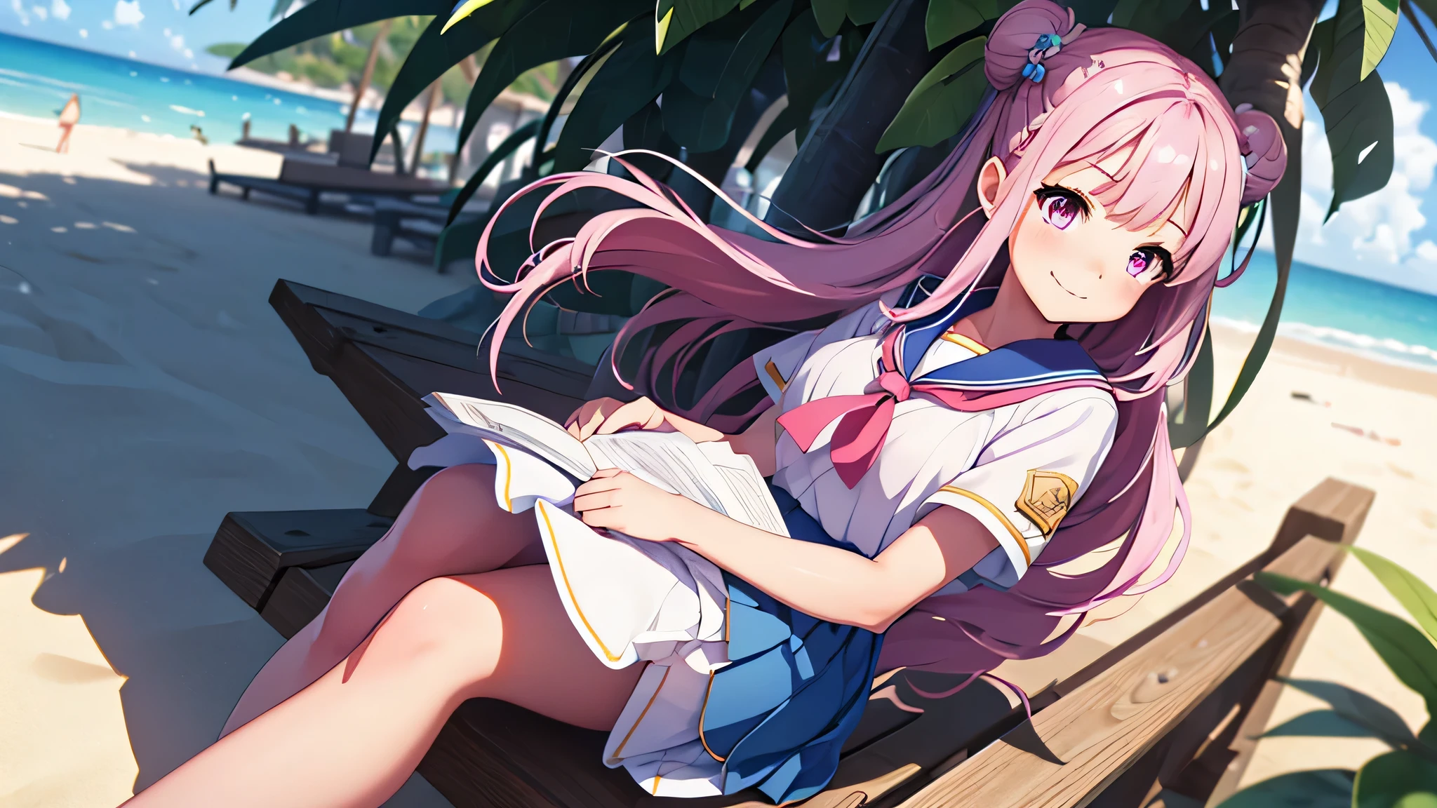cg, unity, 8k, wallpaper, highest quality, masterpiece, 1 girl, Cheerful girl, 17 years old, Kunimi Tama,Idol Pose, (bright smile: 1.2), white sailor suit, (Blue Collar, blue skirt: 1.3), Short sleeve, barefoot, best writing, Complex pupil, Complex weaving, Detailed Background, on the beach, Low - Angle,masterpiece, highest quality, High resolution, {detailed and beautiful eyes}, finely,  detailed and beautiful eyes,1 girl, (alone:1.5),  (hair ribbon:0.4), pink eyes,Cinematic Angles,perspective,White bun hair,