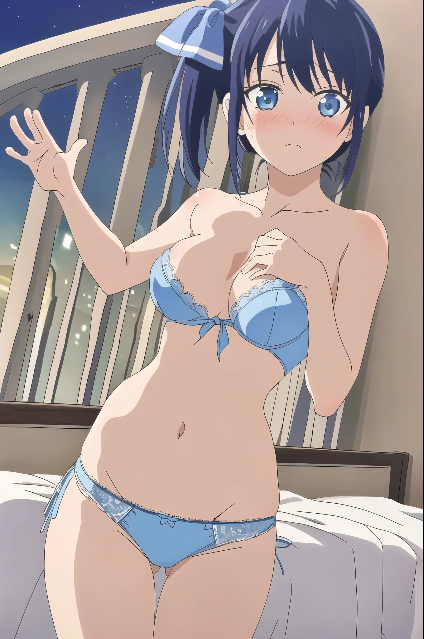 ((highest quality)),((very detailed)),masterpiece,Confused,detailed face,Beautiful Face,(fine grain, Deep Eyes),(1 girl),((Dynamic pose)), Minase, 1 girl, alone, Topless,Shapely breasts,pink nipples,thin waist,belly button,Delicate patterned underwear,((Light blue lace side tie panties)),Pussy,(Pussyストリーク), Thighs,blue eyes, troubled face, blush, Looking at the audience, side ponytail, blue hair, clavicle, bangs, Anime Coloring Book, ,bed,night,Cowboy Shot,Low - Angle