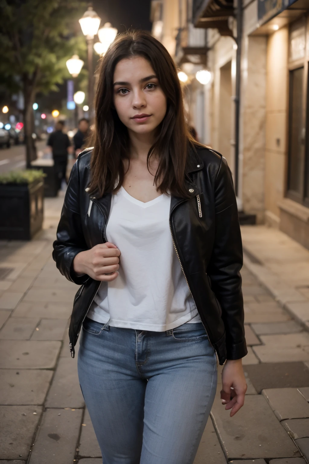 ((Mejor calidad)), ((obra maestra)), (detallado), cara perfecta, mujer atractiva, vestida con jeans ajustados, usando una chaqueta de cuero, por la noche, luces, pelo recogido y zapatillas blancas. Parado en un parque en la ciudad de Cusco., no puedes ver sus manos, es de noche, Ella esconde sus manos, real, realista, gran detalle, realista