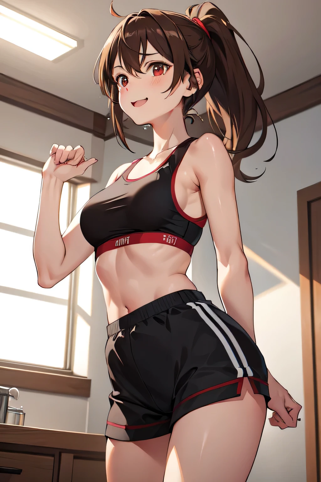 NSFW, {{School gym clothes, Round Neck Shirt、Bloomers}}, 1girl in, Brown-haired high school girl doing gymnastics、tiny chest、Shorthair、low twintails、Sweat-soaked shirt、The bra is sheer