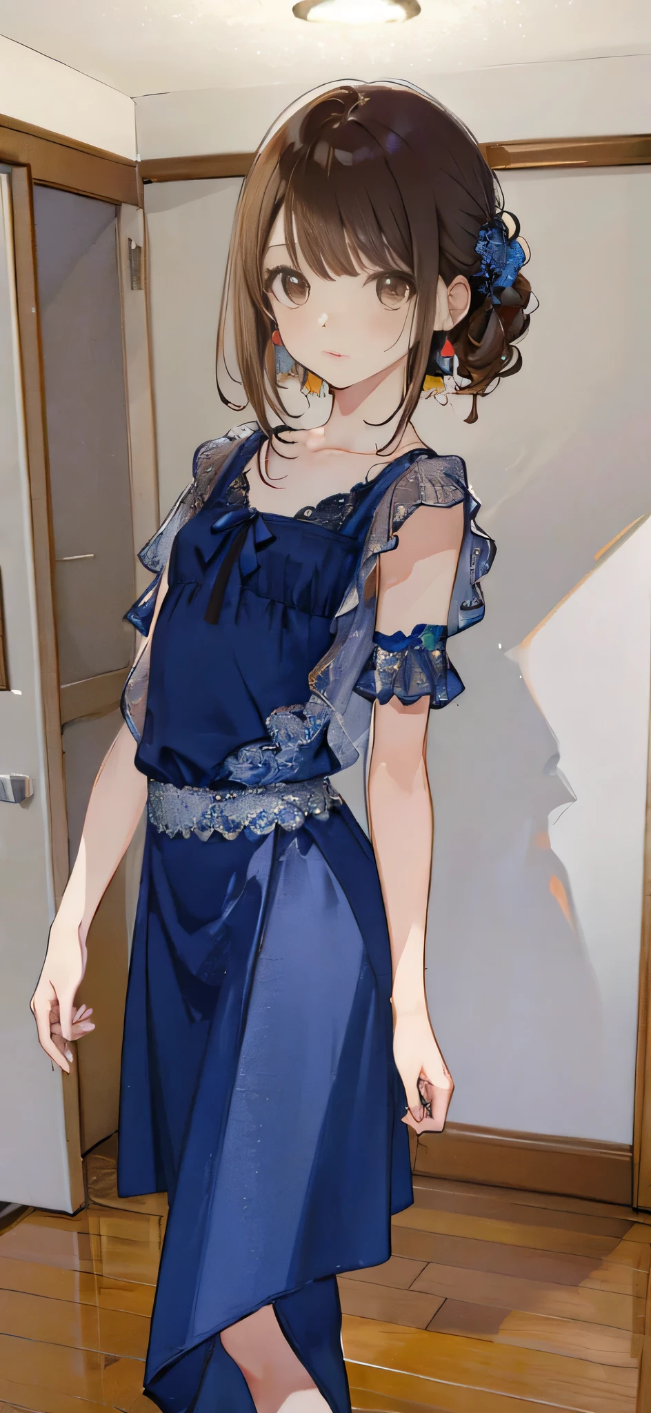 ((masterpiece)), ((best quality)), ((ultra detailed)), ((kawaii)), cute, (lovely), ((extremely detailed)), ((8K)), (beautiful), full body, luxury room, a cute girl, 1girl, solo, blue camisole dress,mini skirt,beautiful light brown hair, ((detailed beautiful brown eyes)), white-skinned, long hair, flat breast, tiny breast, garter belt,standing,(nfsw:1.4)
