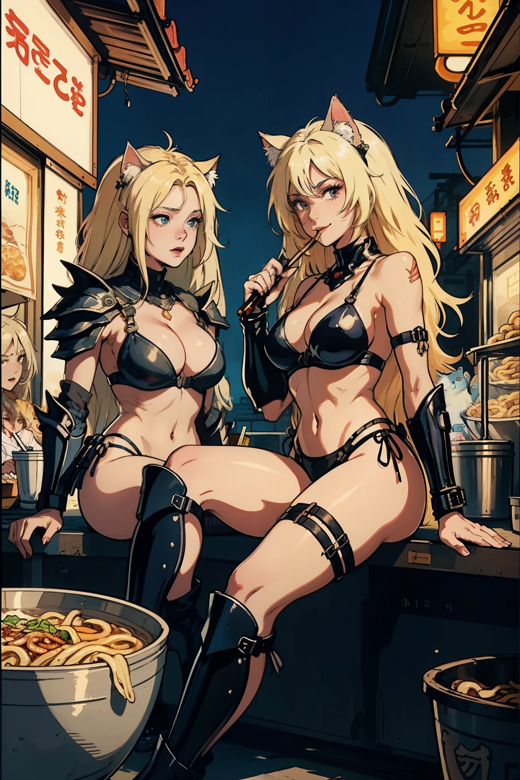 ((highest quality)), ((masterpiece)), (be familiar with), (High definition), 8K, perfect face、2 women、((Two blonde women with cat ears eating udon at a food stall))、(Holding a bowl and chopsticks)、((Futuristic Udonya food stall))、(My face is full of scars)、(Resting after the fight)、(smile:1.1)、tall、2 Blonde cat ears、2. Long Hair、2. Volumetric hair style、big breasts、constricted waist、big ass、glamorous、Glamorous、Bikini Protector、Armor、combat suit、combat boots、Cinematic、Best Shadow、side lighting、NEO TOKYO