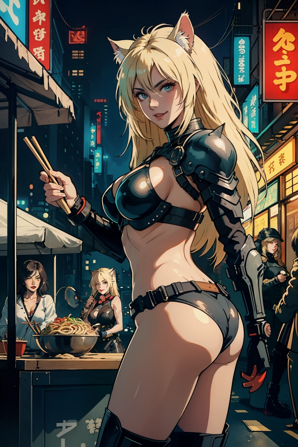 ((highest quality)), ((masterpiece)), (be familiar with), (High definition), 8K, Perfect Face、2 women、((Two blonde women with cat ears eating udon at a food stall))、(Holding a bowl and chopsticks)、((Futuristic Udonya food stall))、(My face is full of scars)、(Resting after the fight)、(smile:1.1)、tall、2 Blonde cat ears、2. Long Hair、2. Volumetric hair style、big breasts、constricted waist、big ass、glamorous、Glamorous、Bikini Protector、Armor、combat suit、combat boots、Cinematic、Best Shadow、side lighting、NEO TOKYO