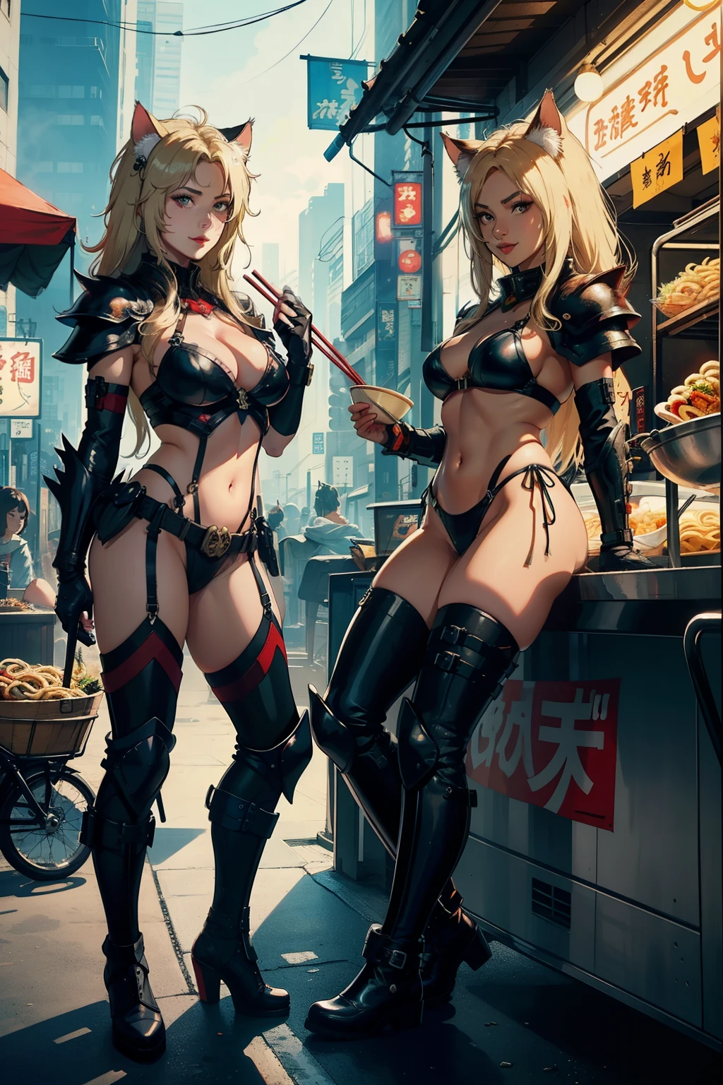 ((highest quality)), ((masterpiece)), (be familiar with), (High definition), 8K, Perfect Face、2 women、((Two blonde women with cat ears eating udon at a food stall))、(Holding a bowl and chopsticks)、((Futuristic Udonya food stall))、(My face is full of scars)、(Resting after the fight)、(smile:1.1)、tall、2 Blonde cat ears、2. Long Hair、2. Volumetric hair style、big breasts、constricted waist、big ass、glamorous、Glamorous、Bikini Protector、Armor、combat suit、combat boots、Cinematic、Best Shadow、side lighting、NEO TOKYO