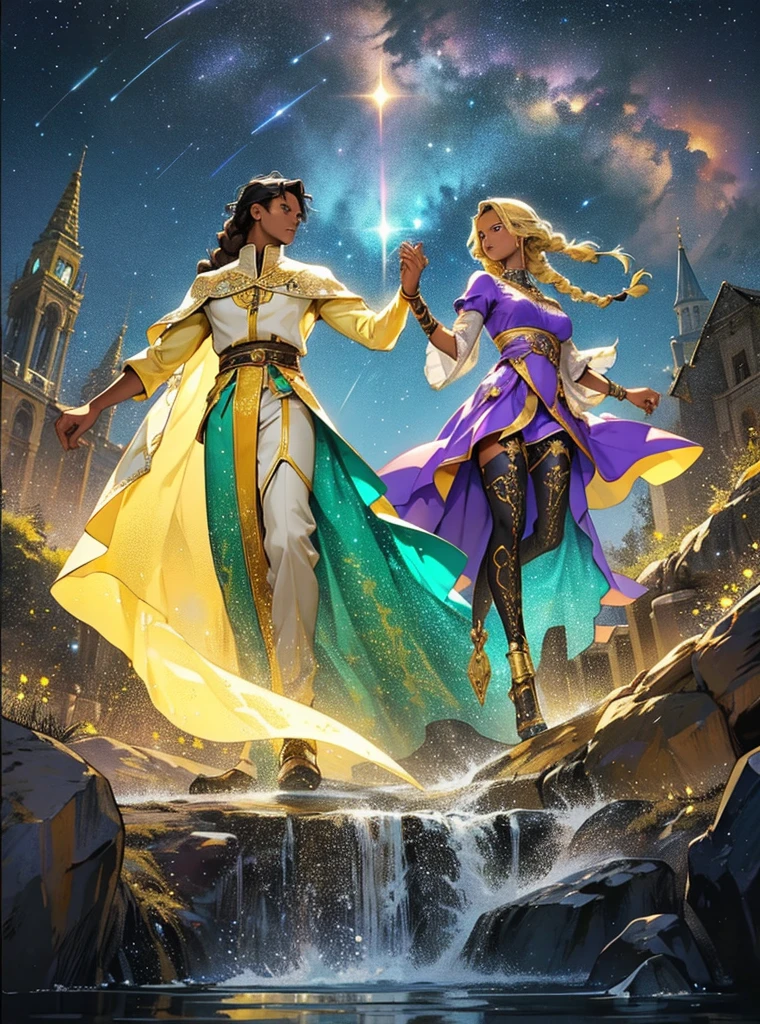 African woman wear spainish purple dress like a princess. She have beautiful long braid hair and brown skin. Star-man wear black and glittery golden clothes with cape like a prince. He have glow white and yellow short hair. His sand-color skin. He hold her hand by his hand. He is flying.