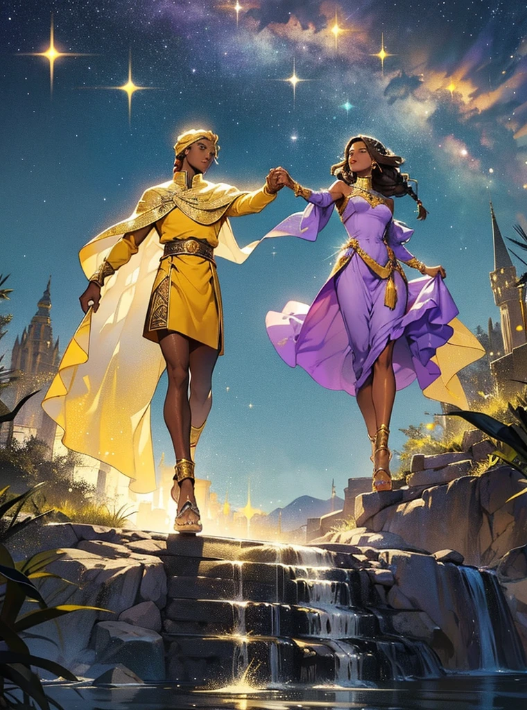 African woman wear spainish purple dress like a princess. She have beautiful long braid hair and brown skin. Star-man wear black and glittery golden clothes with cape like a prince. He have glow white and yellow short hair. His sand-color skin. He hold her hand by his hand. He is flying.