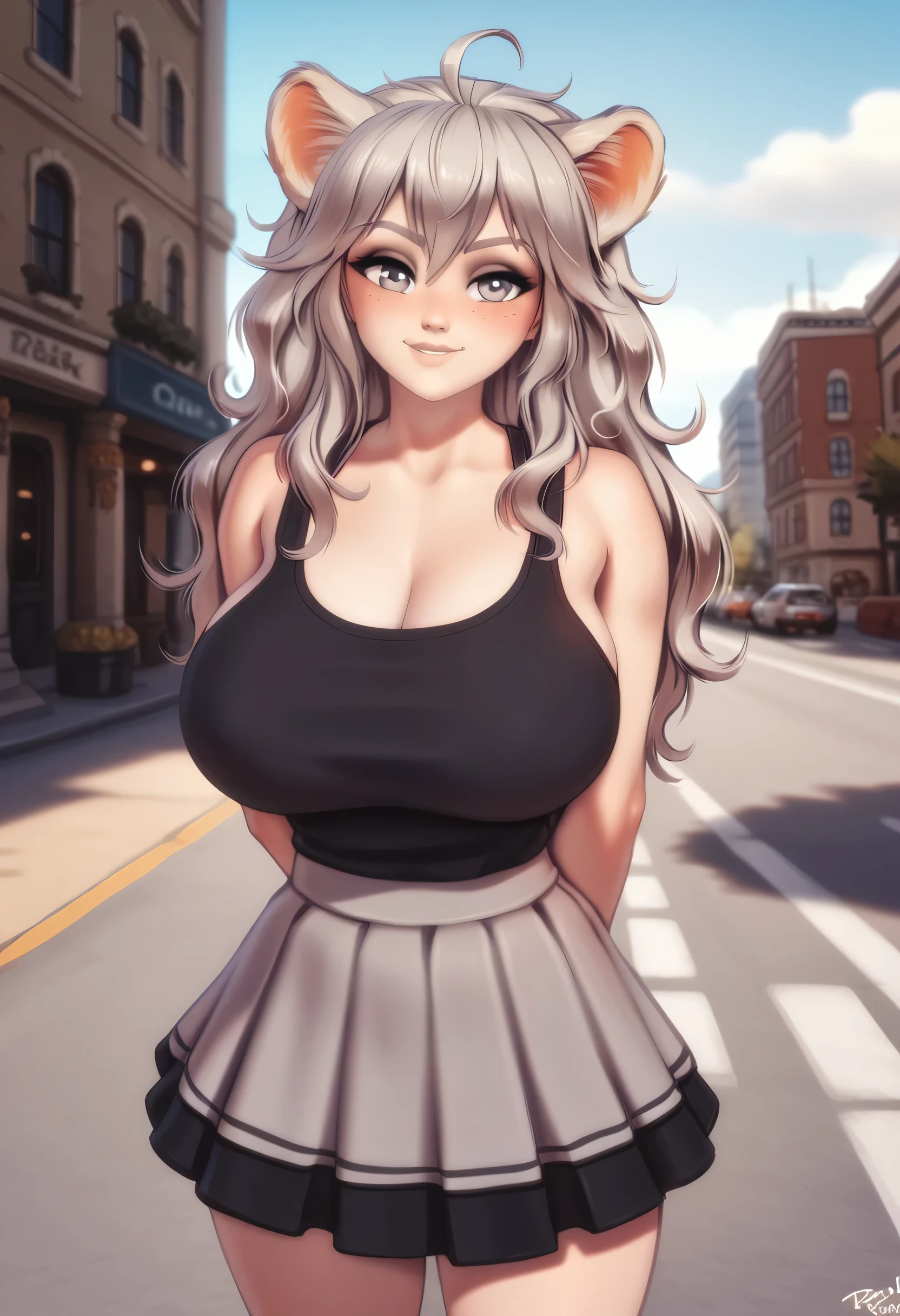 By personalami. absurdres, highres, best quality, Botan, black top, fur-trim, oionlion ears, messy hair, skirt, messy hair, grey eyes, grey hair, long hair, black nails, sharp nails, dynamic pose, sexy pose, seductively smile, blush, hands behind back, city road, on the road,huge breasts