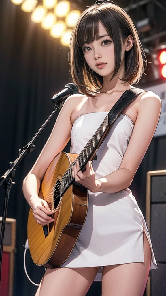 1 A girl is playing the guitar on stage, (((Completely naked(1.8)、All Nude(1.8))), not wearing panties(1.5)、smooth pussy(1.6)、shave(1.6)、no hair(1.6)、shaved pussy))), concert photography,guitarist, music performance,stage lighting,, ((15 year old girl, slim, thin waist, Thin thighs, Thin arms))