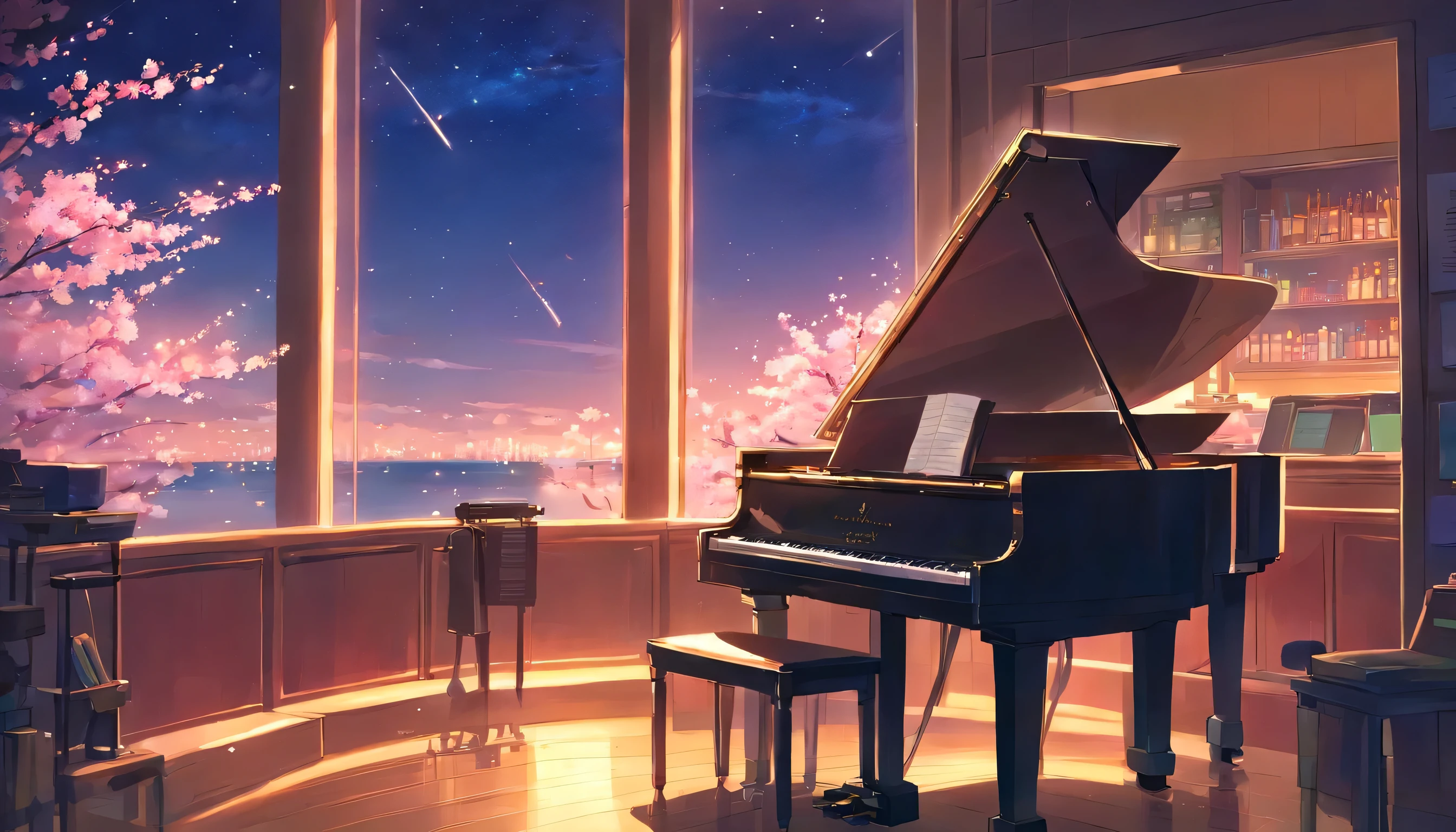 【best masterpiece】Piano Jazz Bar, dream, analog color theme, lo fi hip hop , review, flat, 2.5D ,Draw a line, Ink Painting, watercolor painting, gouache color, very colorful, Outerton, Krautlock, Lofi Art,old texture, amplitude,Psychedelic atmosphere, masterpiece, Technology of Wonders,Darken the room,A beautiful night seaside with a starry sky outside the window,Cherry Blossoms on the Piano