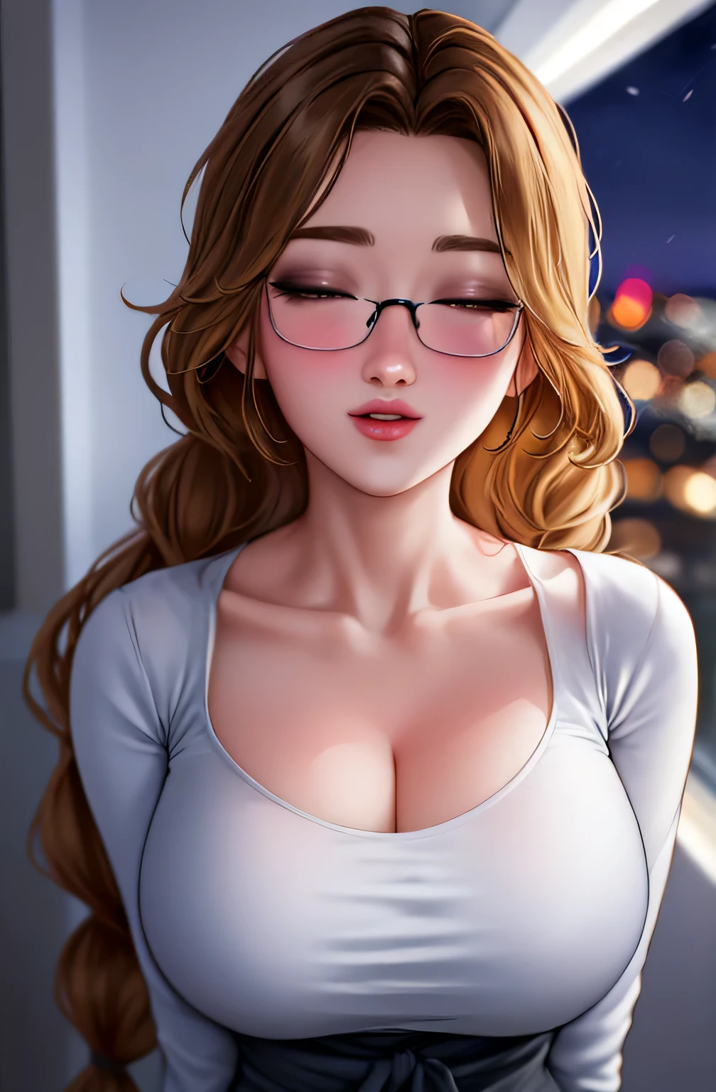 (Night:1.7), Modern apartment, high rise, CityView, Before Window,
Standing at attention,Hands Down,
Green shirt,long sleeves, cleavage, collarbone,
Glasses,brown hair,purple eyes,braid,single braid,yellow hair ornament,
1 girl, 20yo,Young female,Beautiful Finger,Beautiful long legs,Beautiful body,
Beautiful Nose,Beautiful character design, perfect eyes, perfect face,expressive eyes,
looking at viewer, in the center of the image,(Upper_body),(Focus on her face),
official art,extremely detailed CG unity 8k wallpaper, perfect lighting,Colorful, Bright_Front_face_Lighting,shiny skin,
(masterpiece:1.0),(best_quality:1.0), ultra high res,4K,ultra-detailed,
photography, 8K, HDR, highres, absurdres:1.2, Kodak portra 400, film grain, blurry background, bokeh:1.2, lens flare, (vibrant_color:1.2)
(Beautiful,large_Breasts:1.4), (beautiful_face:1.5),(narrow_waist),