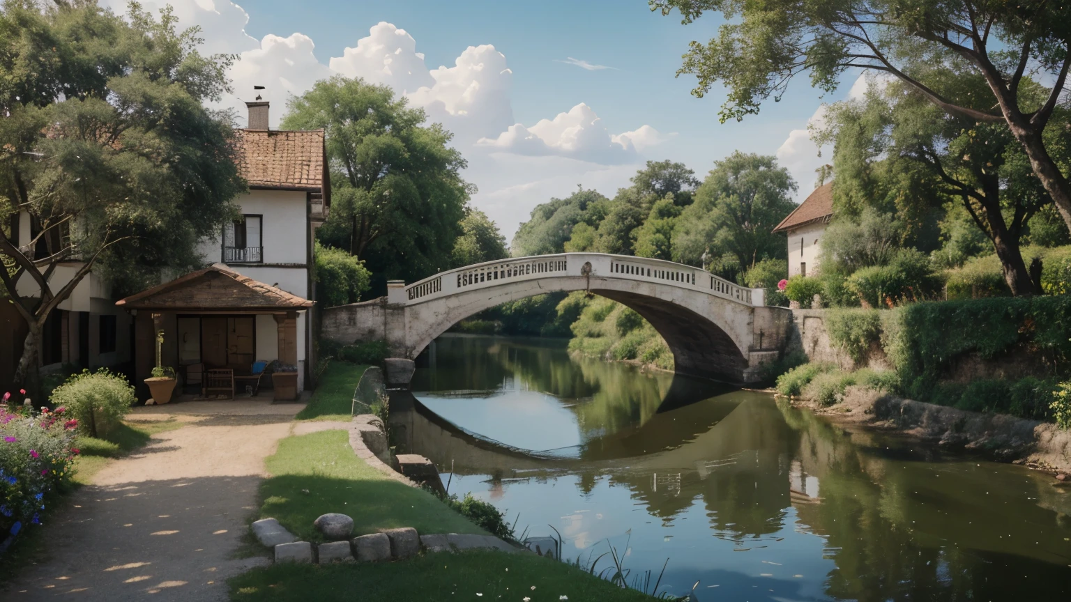 painting of a house by a river with a bridge and a bench, an airbrush painting inspired by Guido Borelli by Caluso, obturador, naïve art, pintura detalhada 4k, Idyllic country house, 4 k oil painting, 4 k oil painting, bela arte uhd 4k, 4 k oil painting, a bela pintura, bela pintura, uma bela paisagem,, Toshizo Nakane