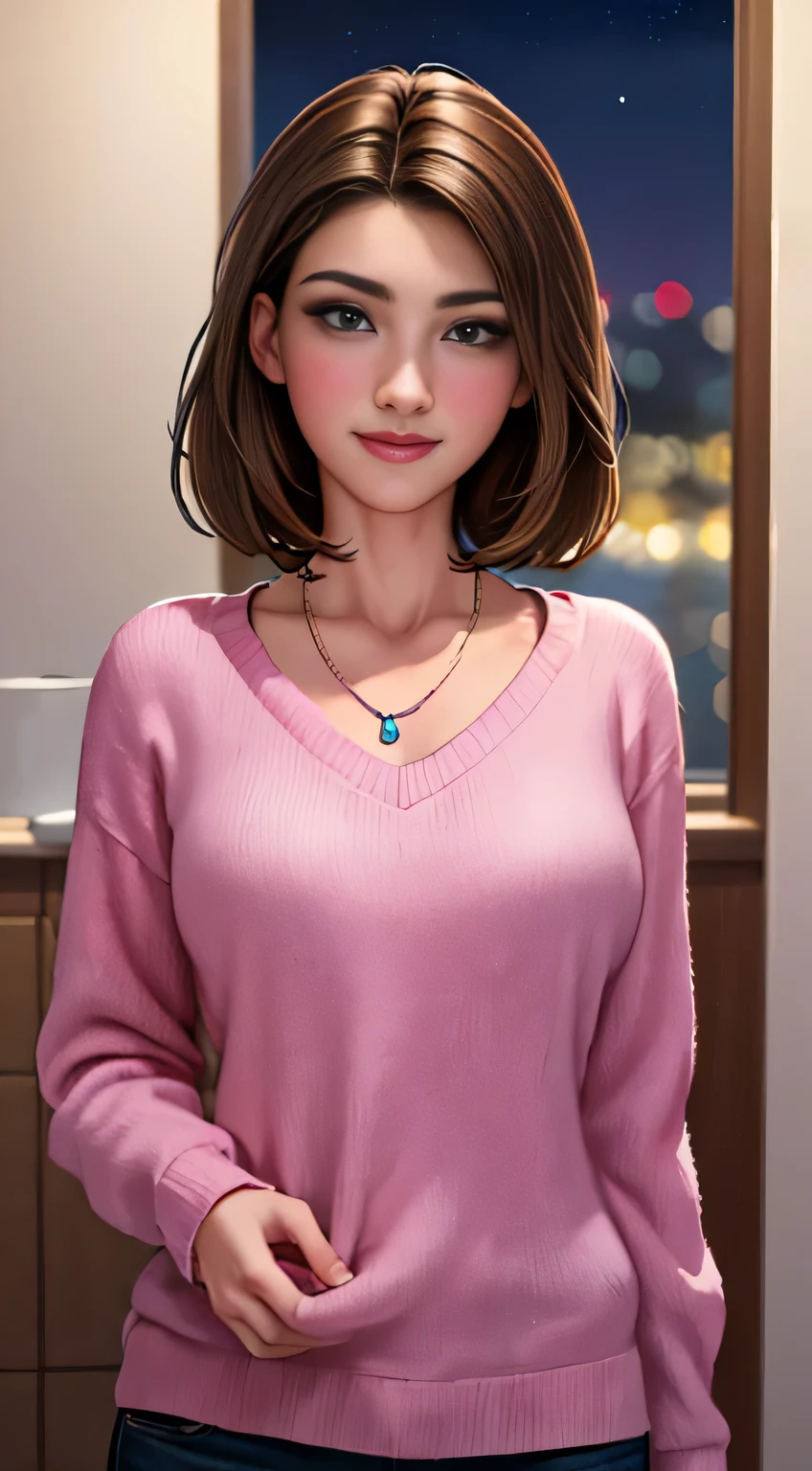 ((Night, Realistic Light, Best Quality, 8K, Masterpiece: 1.3)), 1girl, Slim Beauty: 1.4, Abs: 1.1, (Brown hair, Medium breasts: 1.3), Long pink sweater: 1.1, Bathroom, Super fine face, Delicate eyes, Double eyelids, smile, necklace