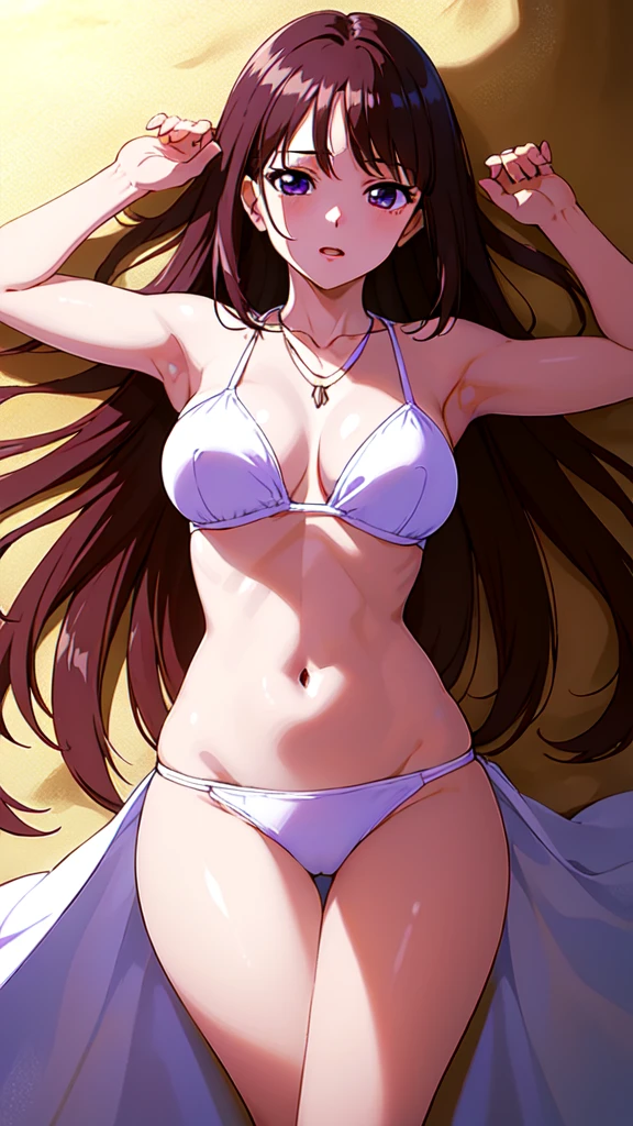 masterpiece, best quality, 1 solo girl, brown hair, purple eyes, long hair, medium breasts, sexy body and face, wavy hair, white bikini, jewelry, bracelet, necklace, summer, beach, lying at the sand, sexy pose, cowboy shots, detailed body, face, and eyes, sharp focus, vibrant, creative, dynamic, high definition, high resolution, 8k, (Upscale: R-ESRGAN 4x+ Anime6mage enchance:4x), voluptuous body, cinema lightning, dakimakura style,