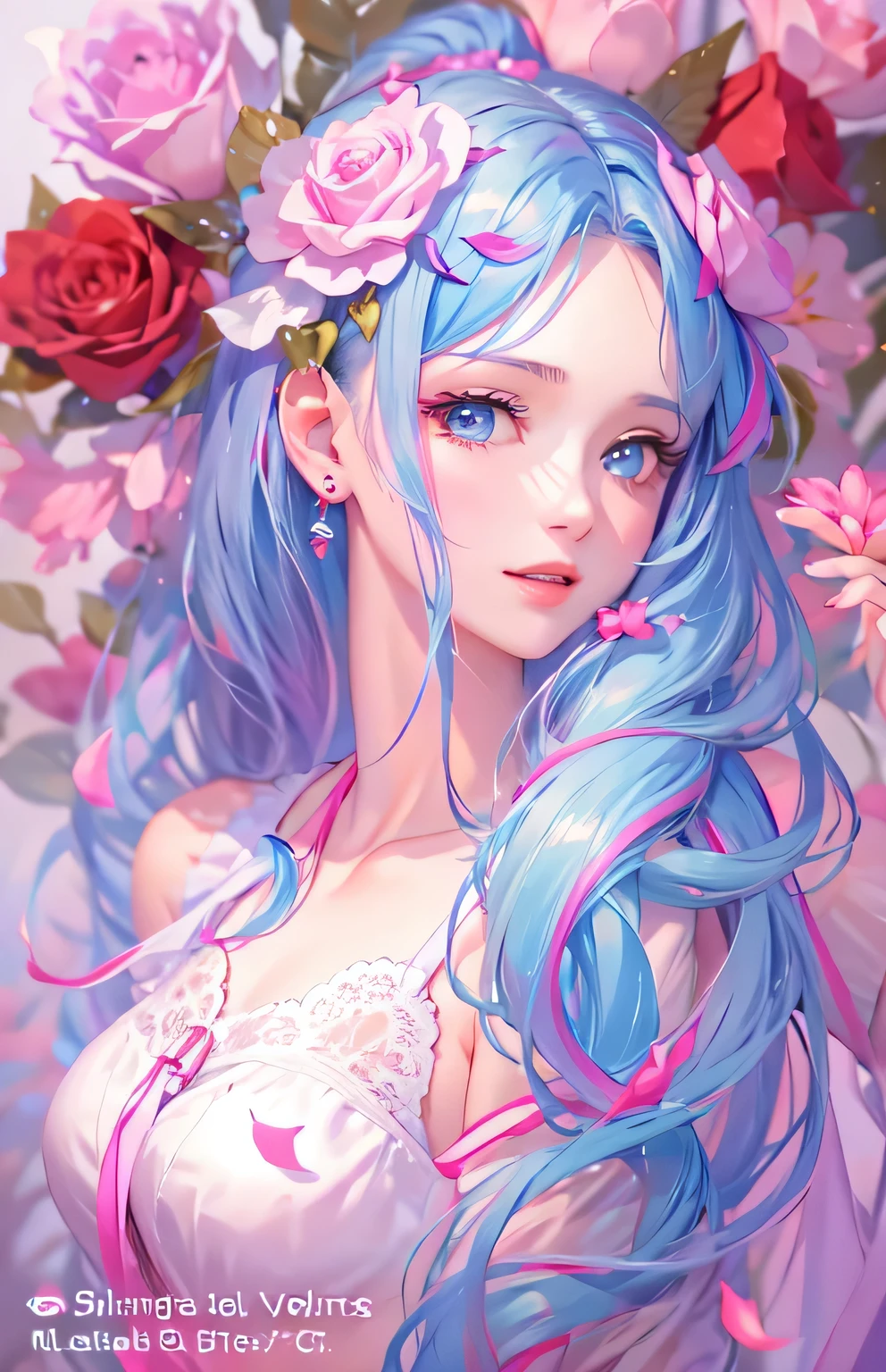 ((highest quality)), ((masterpiece)), (Get used to it), perfect face , Adult women , Long and beautiful hair , Valentine , Pink and Blue ,