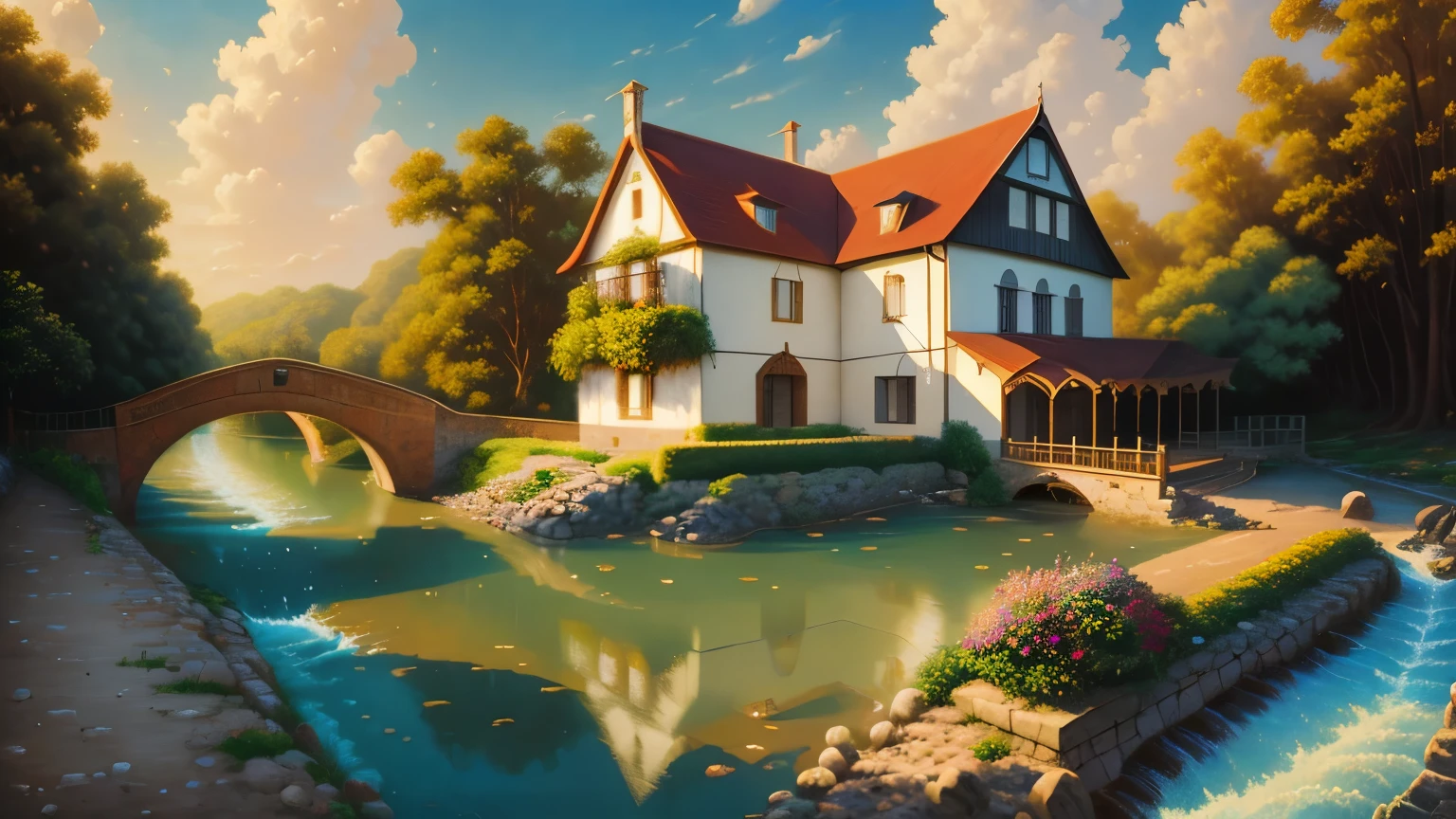 painting of a house by a river with a bridge and a bench, an airbrush painting inspired by Guido Borelli by Caluso, obturador, naïve art, pintura detalhada 4k, Idyllic country house, 4 k oil painting, 4 k oil painting, bela arte uhd 4k, 4 k oil painting, a bela pintura, bela pintura, uma bela paisagem,, Toshizo Nakane