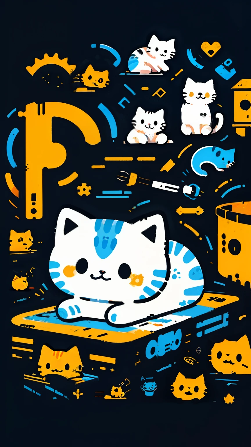 masterpiece，Perfect details，graffiti art，flat illustration，The subject is a kitten，Cycling，Remove background and other elements，Simple but vivid expression，Lively and bright colors，Smooth and natural lines。