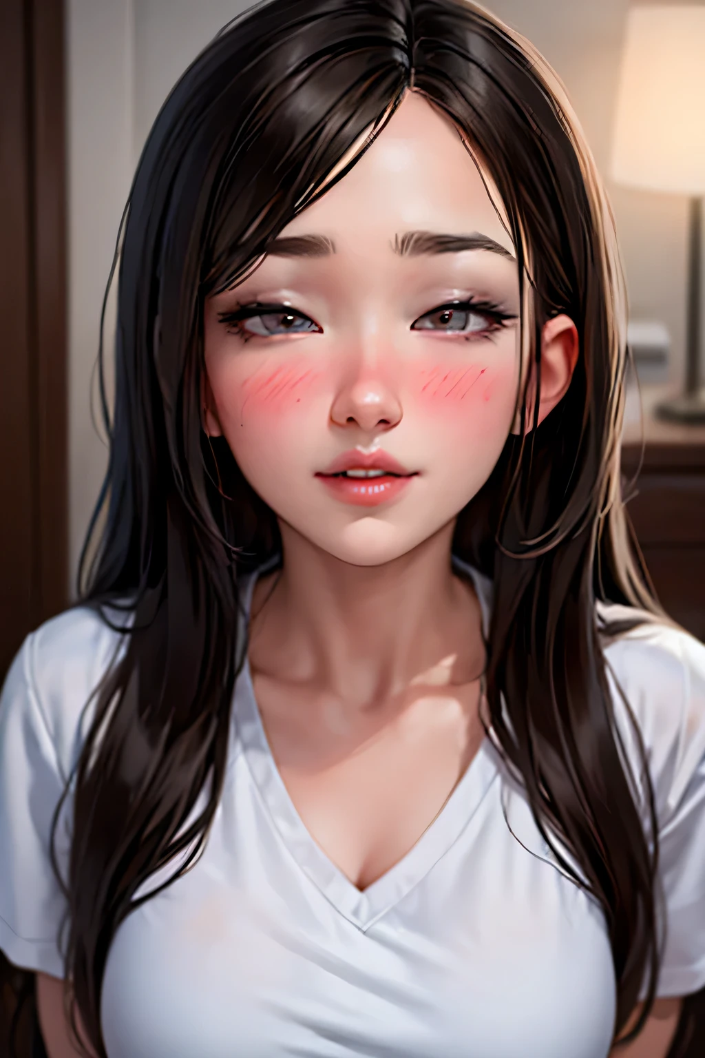 Sexy and cute woman, black brown hair, long hair, straight hair, weak eyes, blushing intensely, lips parted, ready to kiss, long oversized white shirt