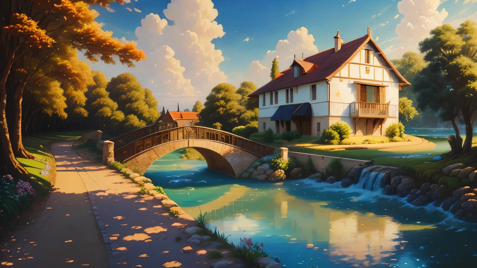 painting of a house by a river with a bridge and a bench, an airbrush painting inspired by Guido Borelli by Caluso, obturador, naïve art, pintura detalhada 4k, Idyllic country house, 4 k oil painting, 4 k oil painting, bela arte uhd 4k, 4 k oil painting, a bela pintura, bela pintura, uma bela paisagem,, Toshizo Nakane