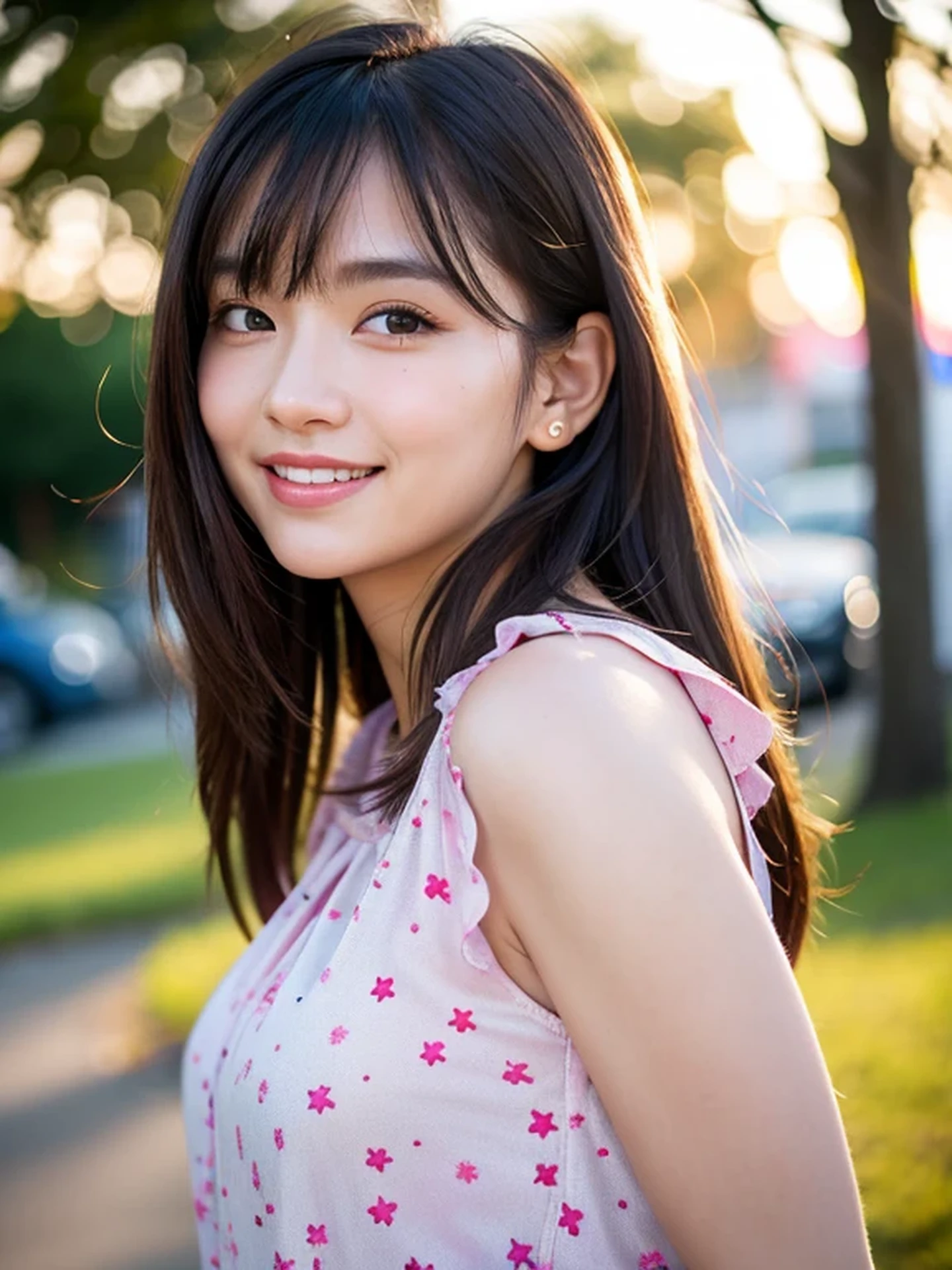 masterpiece, Best Quality, Raw photo, 8K, ultra-detailed face, 1girl, Close-up, Beautiful detailed skin, backlight, soft light, bashful, (shoot from front:1.2), happy smile, open your mouth to say something, Luminescent, Anatomically correct, Medium hair, hair blown by the wind, Eyes and faces with detailed, Textured skin, Professional Photography, Bokeh, Portrait, Professional Lighting, Solo, Cute, Girly, Film grain, silk blouse, outside, night, starry sky,