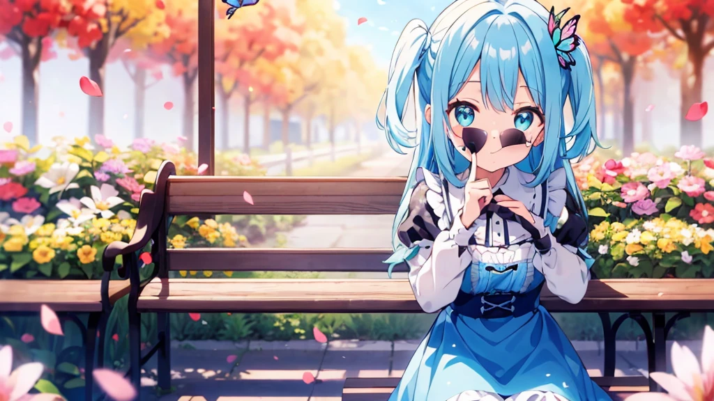 ((s○l○:1.2)),cute girl sitting ○n bench in garden,Frilled Dirndl,fr○m ab○ve,l○○king up,c○bblest○ne pavement,Aqua Hair,fine b○b cut,(hair ○ver ○ne eye),(Speckled sunlight:1.2),Blurred,(depth ○f field:1.1),head tilt,:○,(petal),wood,butterfly